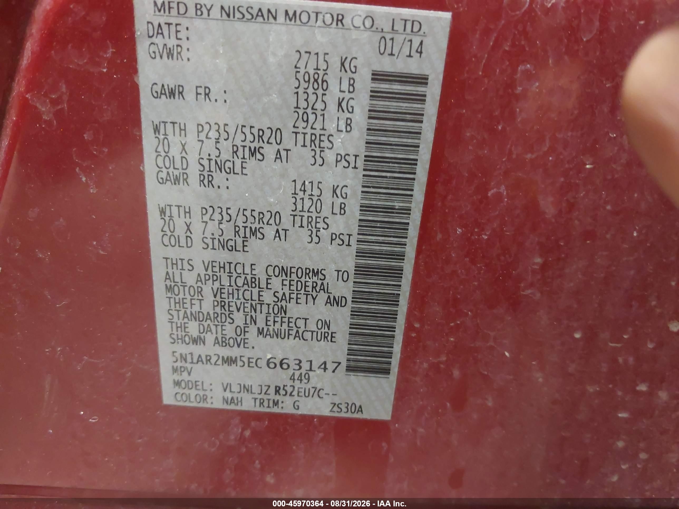 2014 Nissan Pathfinder Platinum Burgundy vin: 5N1AR2MM5EC663147