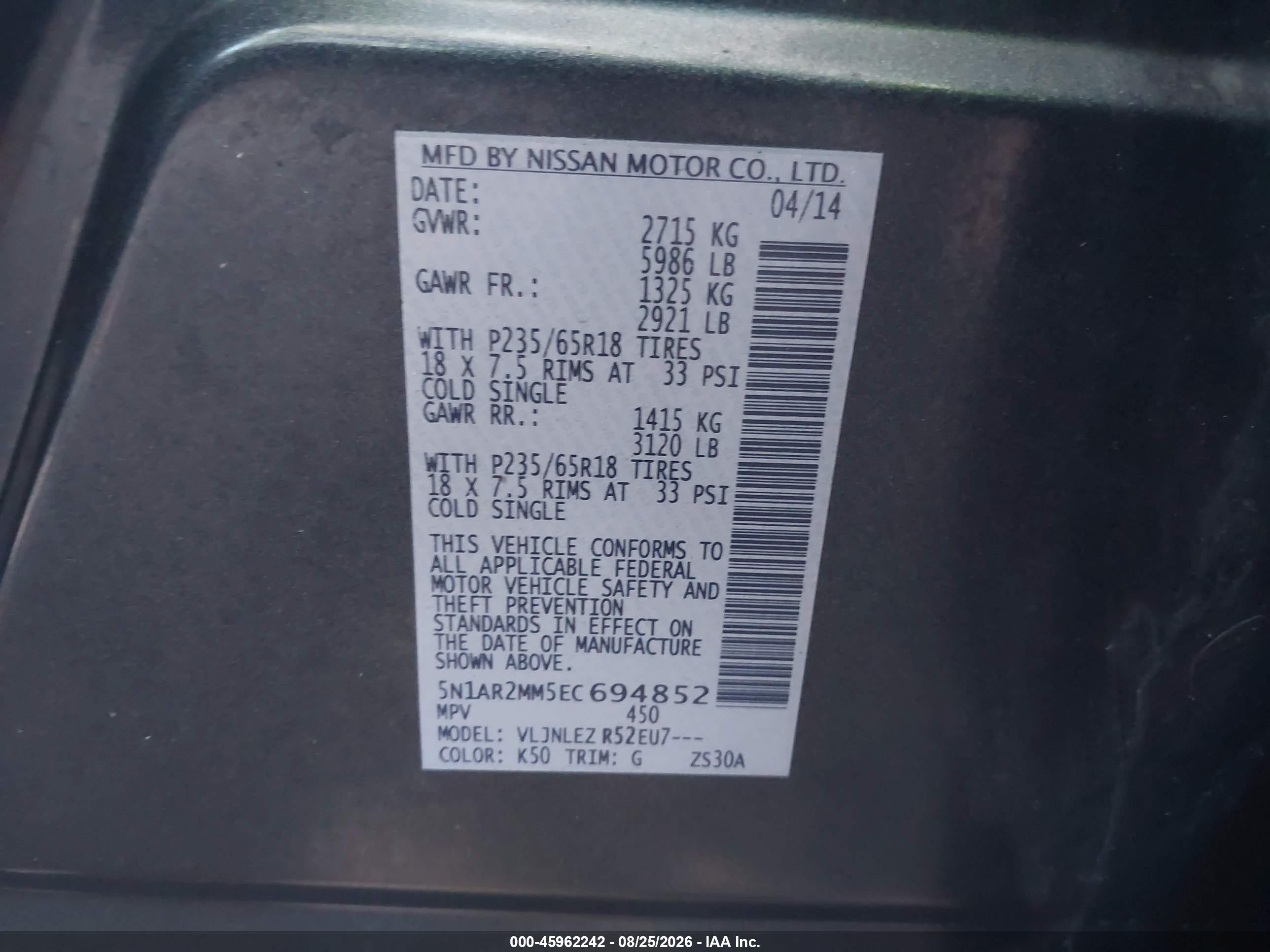 2014 Nissan Pathfinder Sv Gray vin: 5N1AR2MM5EC694852