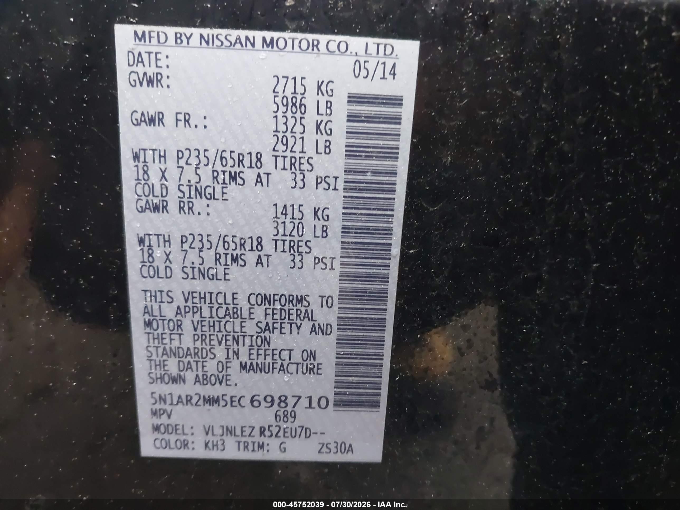 2014 Nissan Pathfinder Sv Black vin: 5N1AR2MM5EC698710