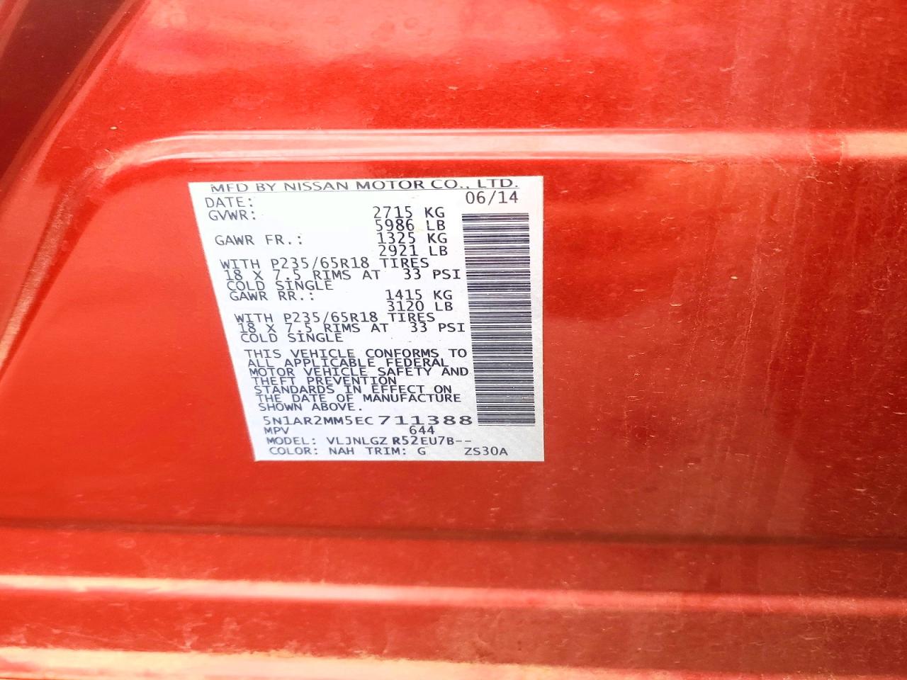 2014 Nissan Pathfinder S Red vin: 5N1AR2MM5EC711388