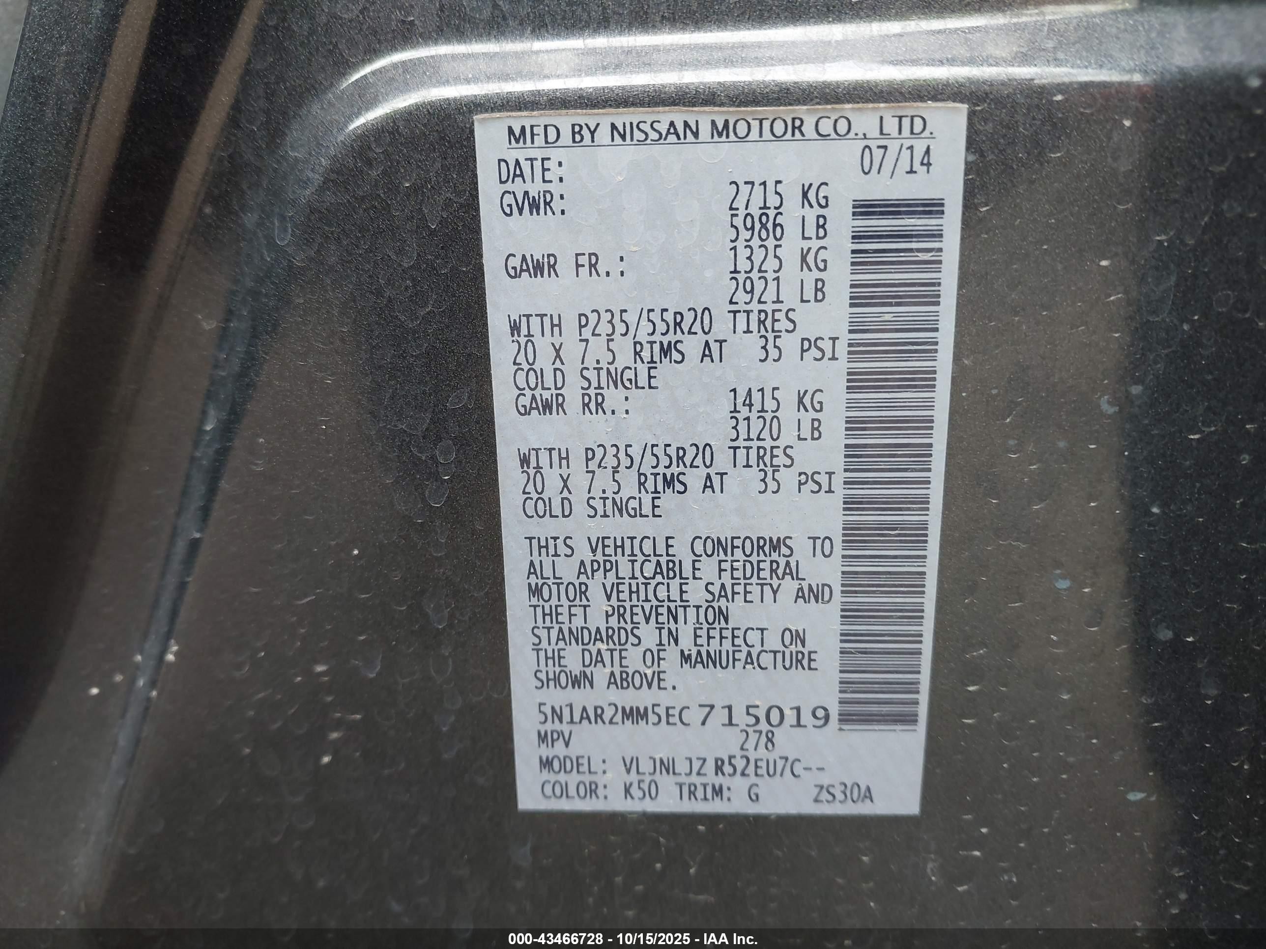 2014 Nissan Pathfinder Platinum Gray vin: 5N1AR2MM5EC715019
