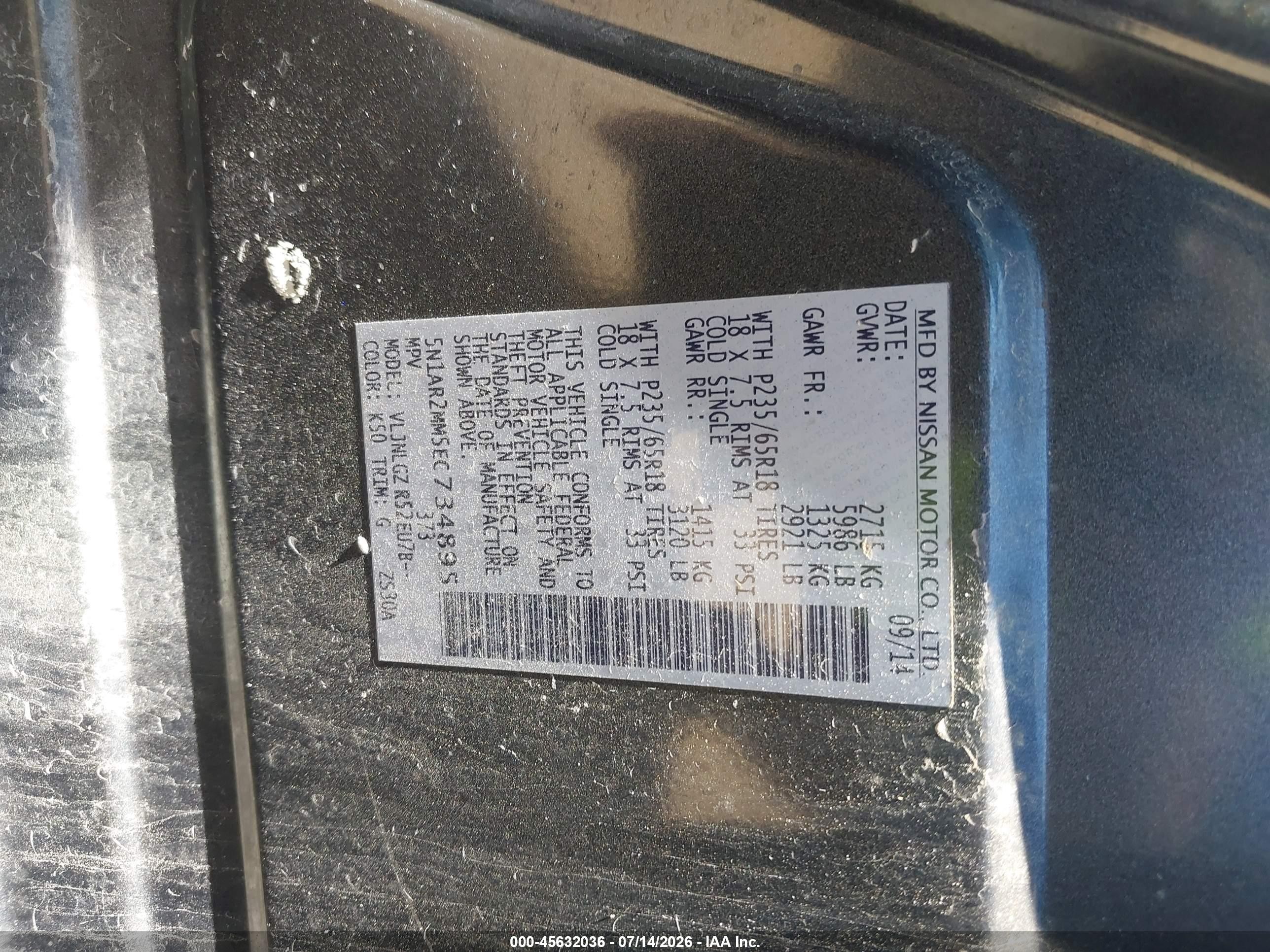 2014 Nissan Pathfinder Sl Gray vin: 5N1AR2MM5EC734895