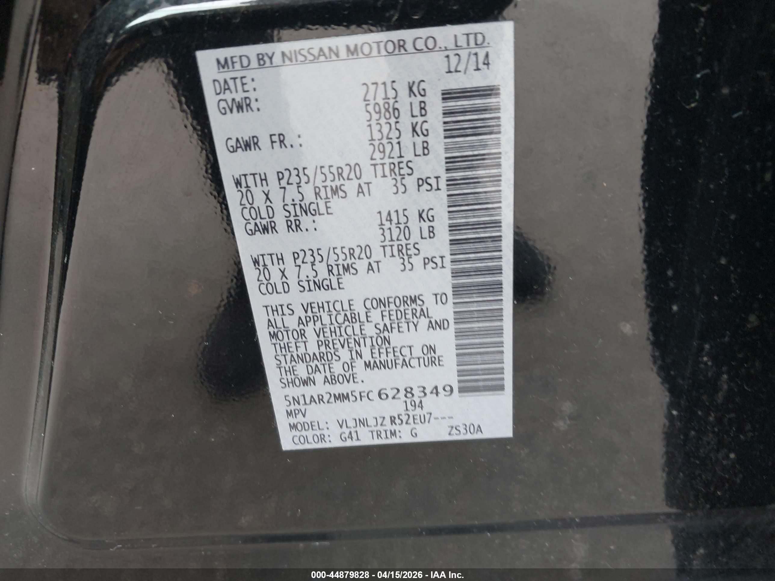 2015 Nissan Pathfinder Platinum Black vin: 5N1AR2MM5FC628349