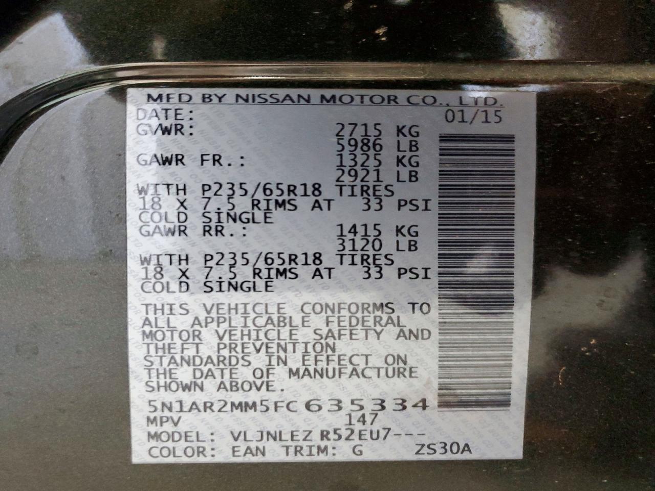 2015 Nissan Pathfinder Sv Charcoal vin: 5N1AR2MM5FC635334