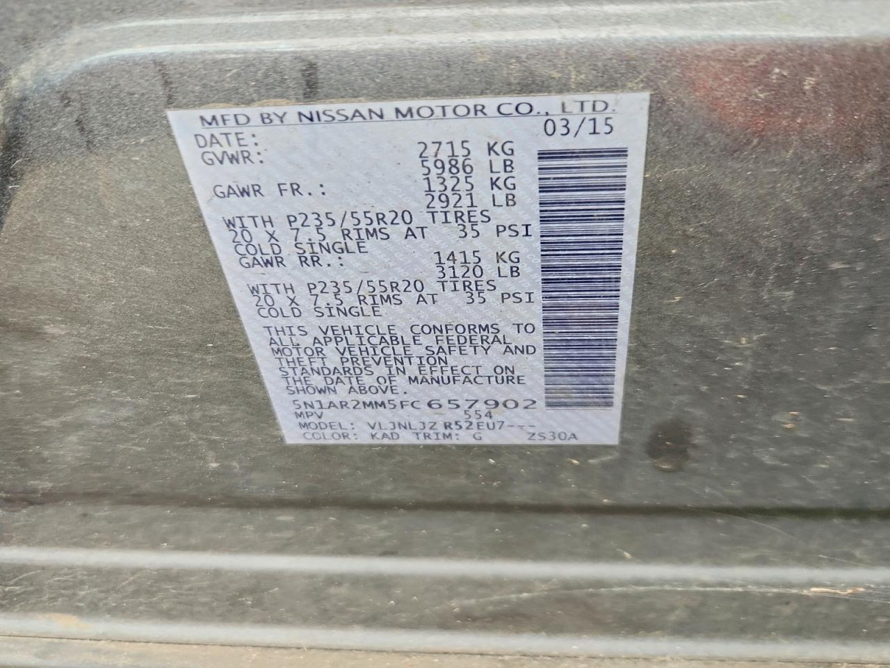 2015 Niss Pathfinder Gray vin: 5N1AR2MM5FC657902
