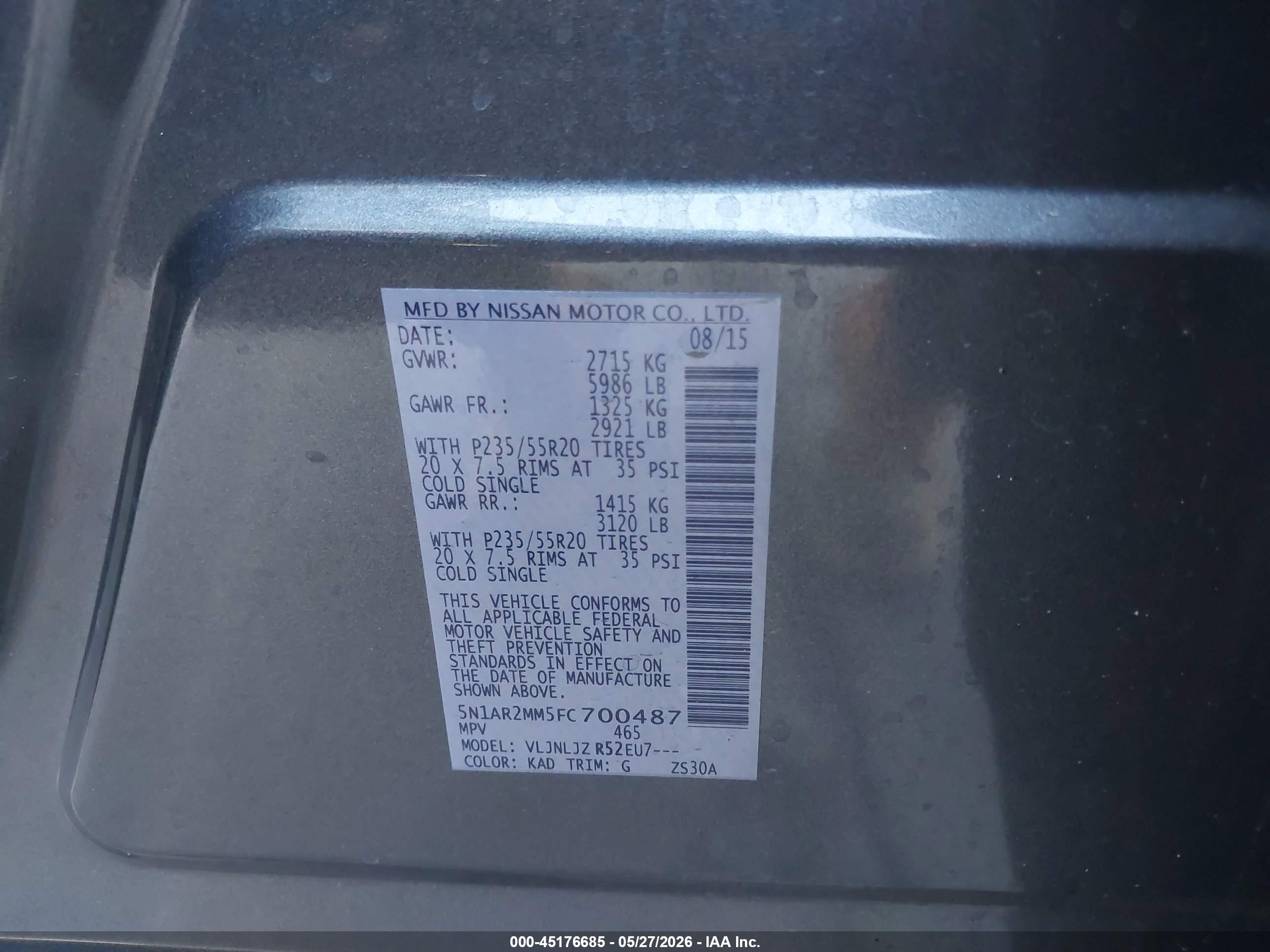 2015 Nissan Pathfinder Platinum Gray vin: 5N1AR2MM5FC700487