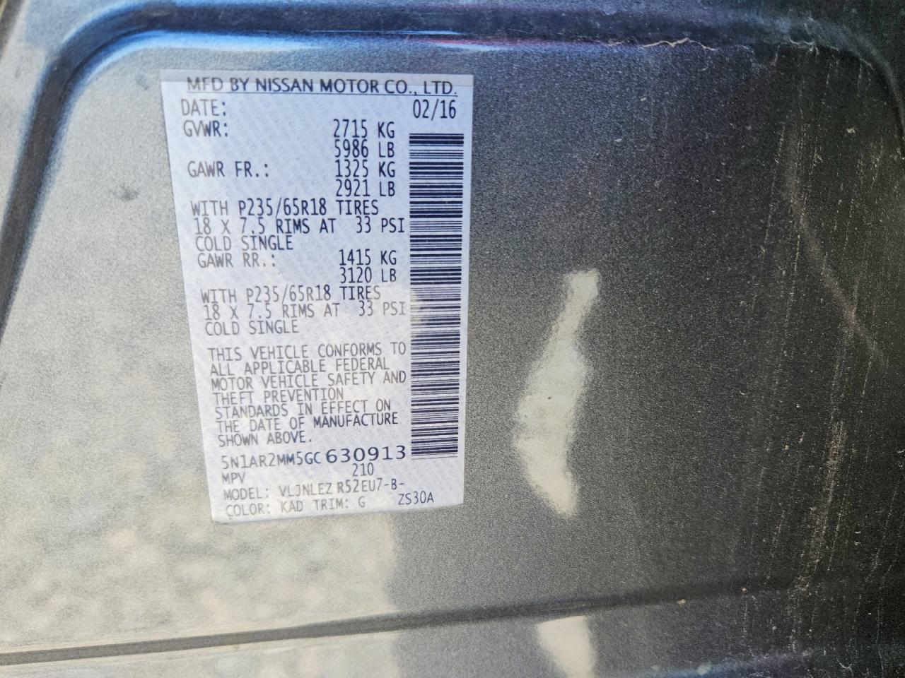 2016 Nissan Pathfinder Sv Gray vin: 5N1AR2MM5GC630913