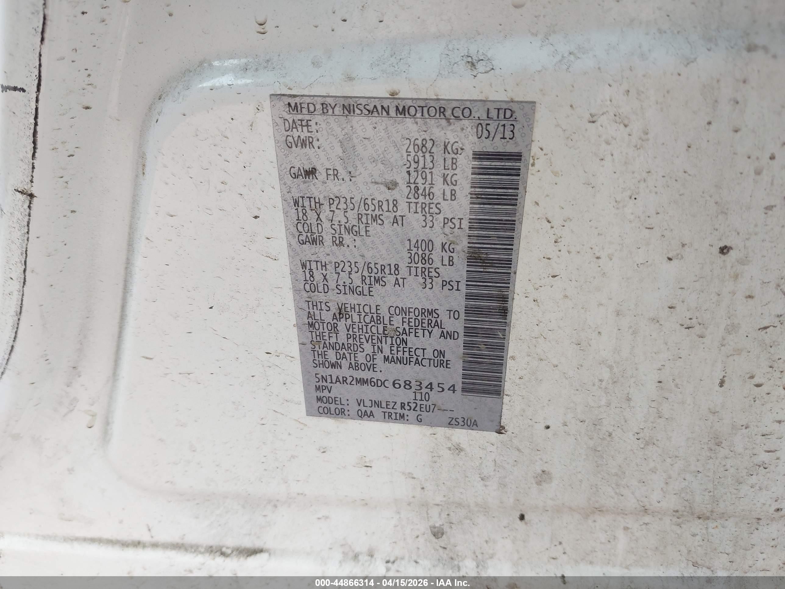 2013 Nissan Pathfinder Sv White vin: 5N1AR2MM6DC683454