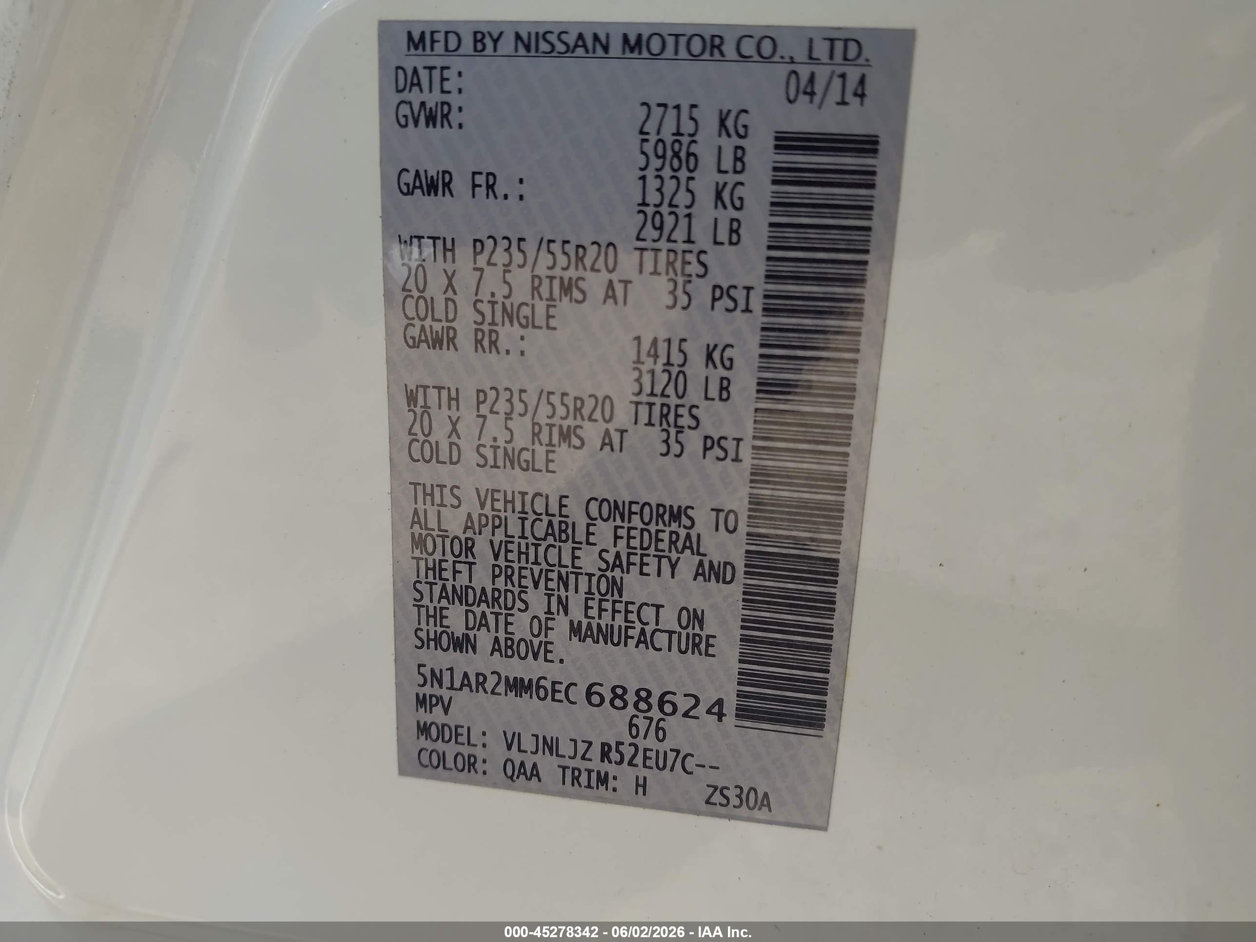 2014 Nissan Pathfinder Platinum White vin: 5N1AR2MM6EC688624
