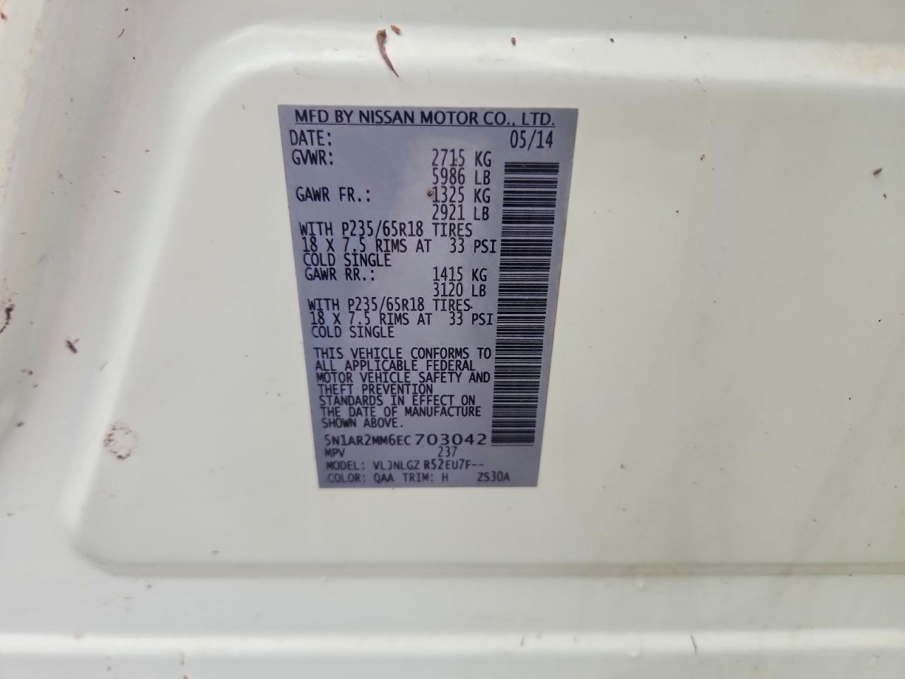 2014 Nissan Pathfinder Sl White vin: 5N1AR2MM6EC703042