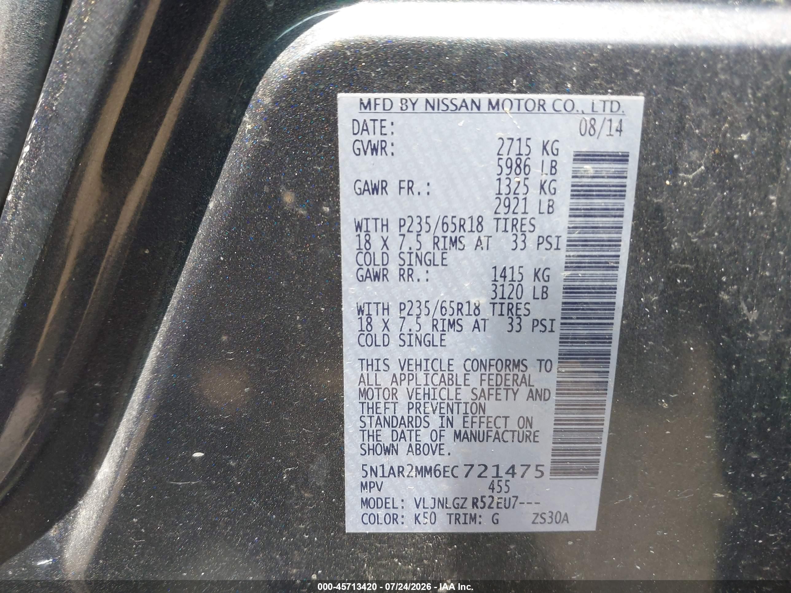 2014 Nissan Pathfinder Sl Gray vin: 5N1AR2MM6EC721475
