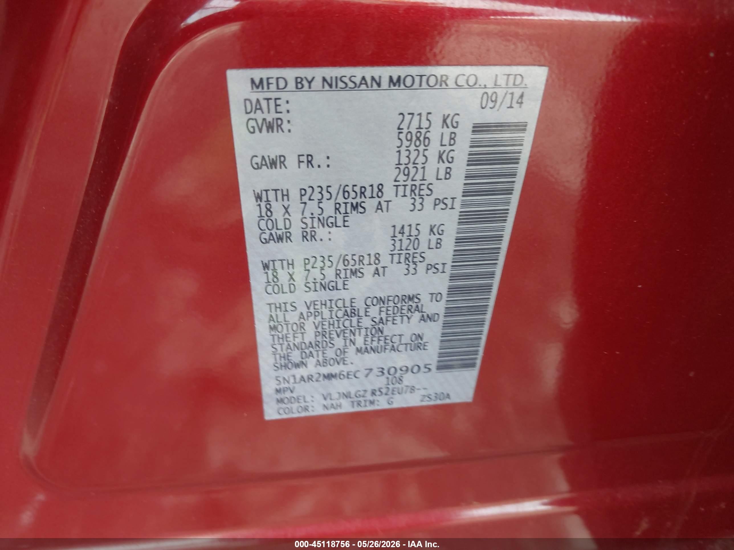 2014 Nissan Pathfinder Sl Red vin: 5N1AR2MM6EC730905