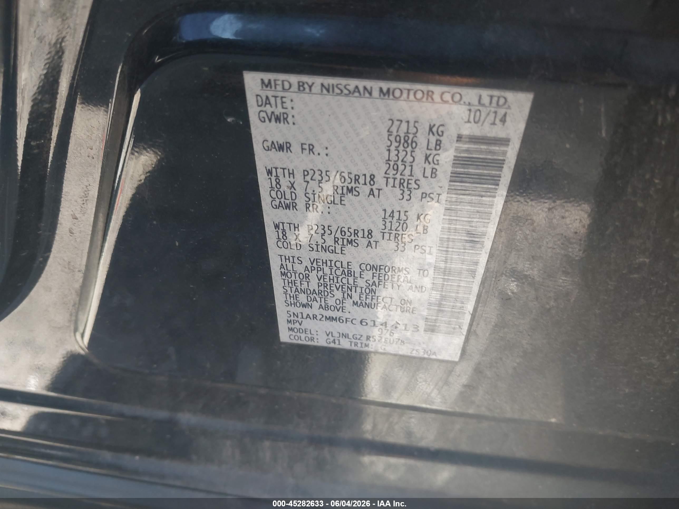 2015 Nissan Pathfinder Sl Black vin: 5N1AR2MM6FC614413