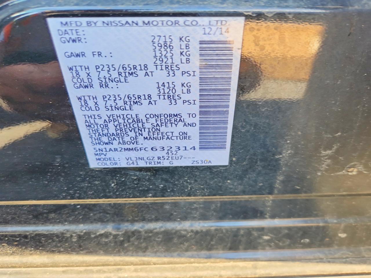 2015 Nissan Pathfinder Sl Black vin: 5N1AR2MM6FC632314
