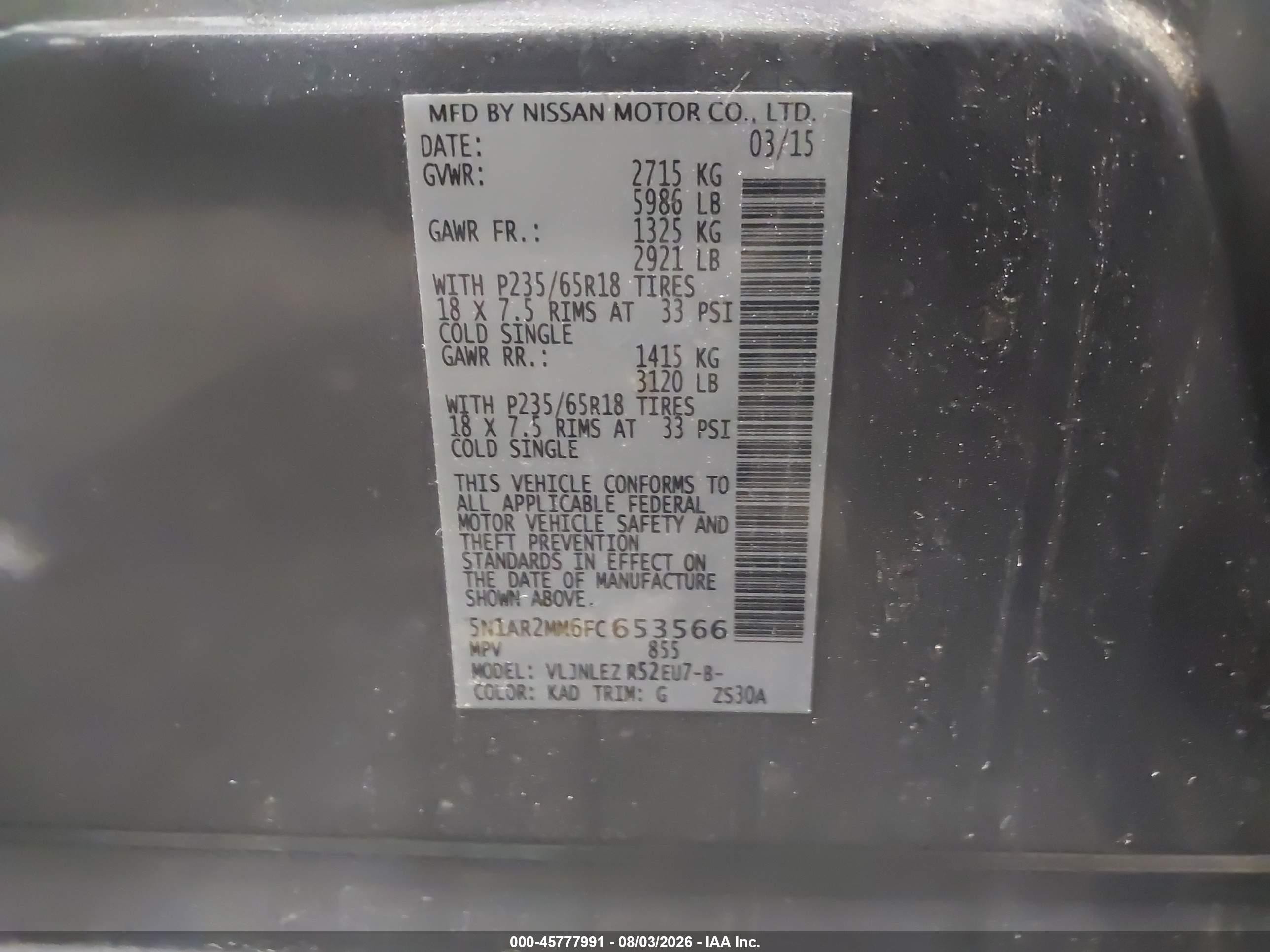 2015 Nissan Pathfinder Platinum/s/sl/sv Gray vin: 5N1AR2MM6FC653566