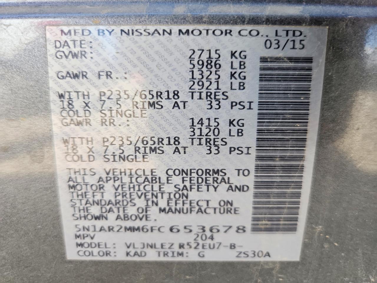 2015 Nissan Pathfinder Sv Gray vin: 5N1AR2MM6FC653678