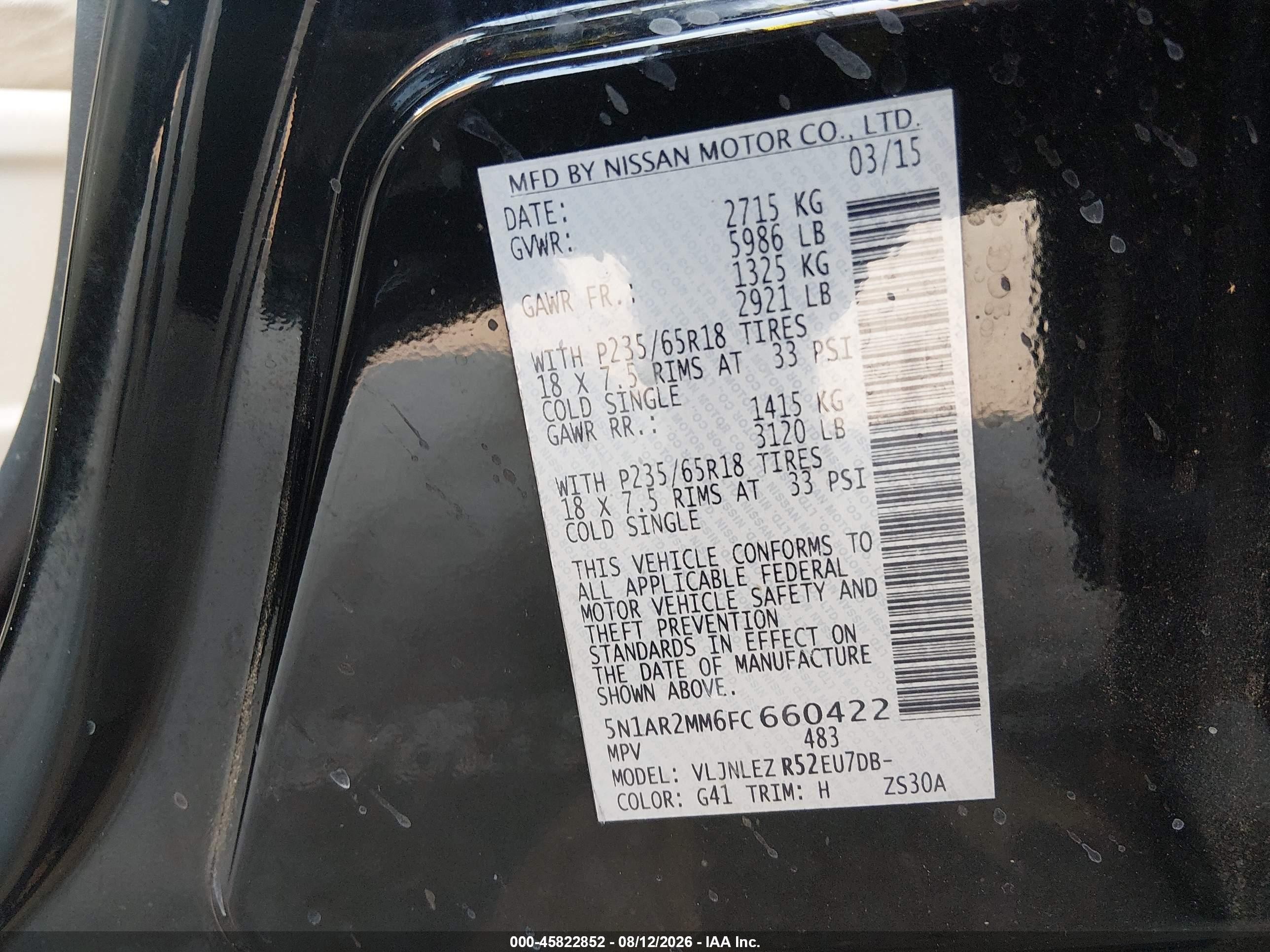 2015 Nissan Pathfinder Sv Black vin: 5N1AR2MM6FC660422