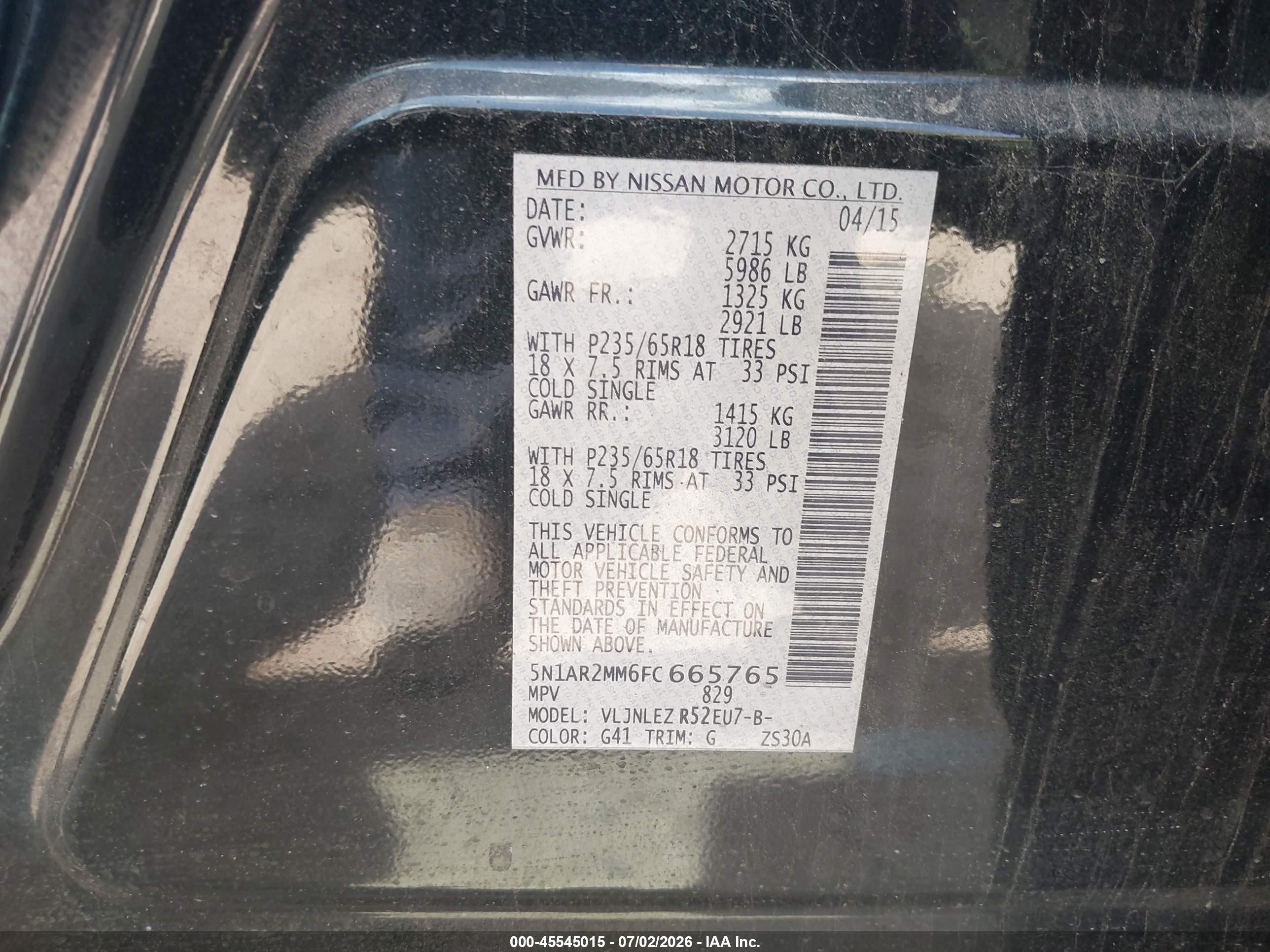 2015 Nissan Pathfinder Platinum/s/sl/sv Black vin: 5N1AR2MM6FC665765
