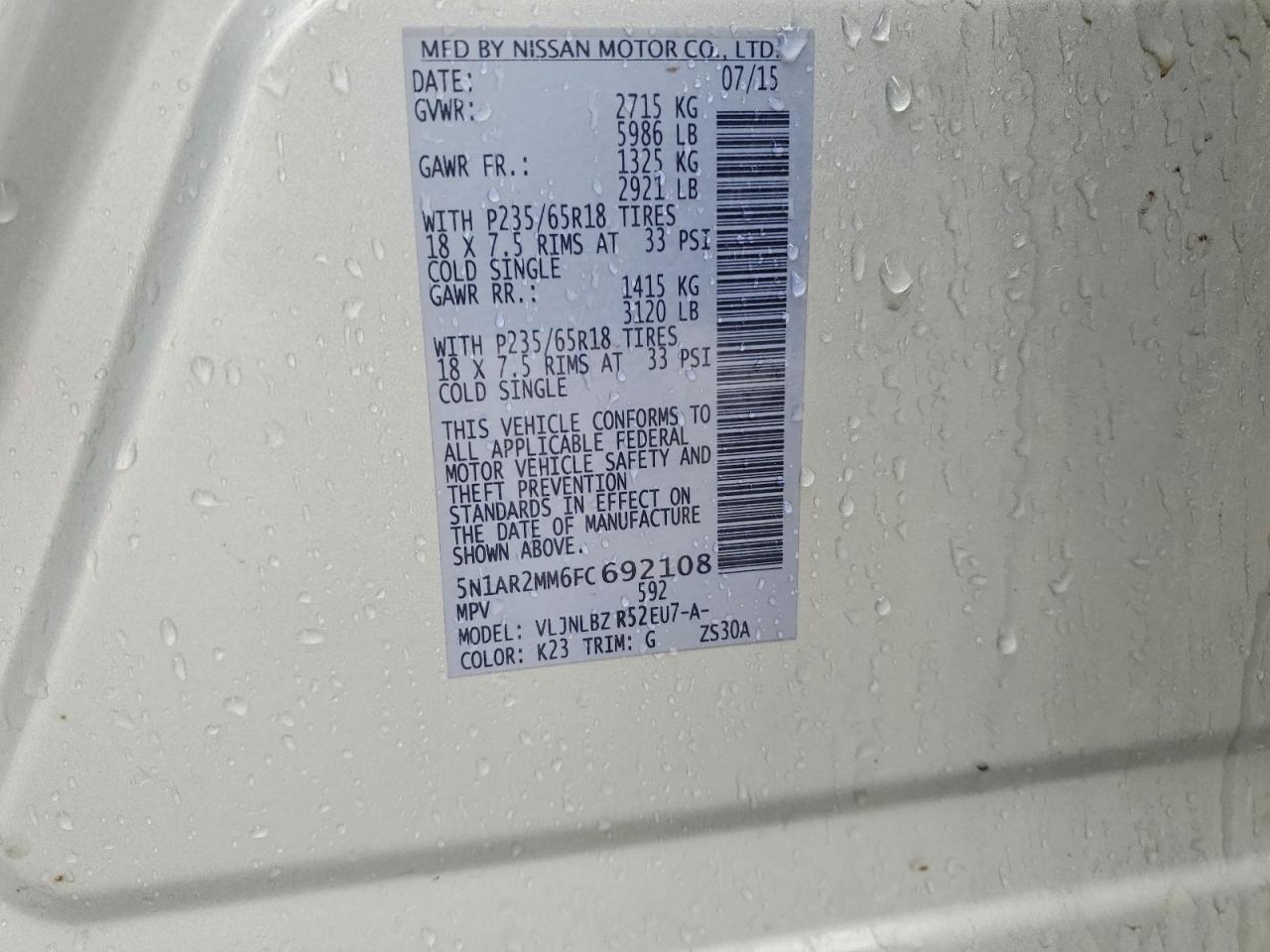 2015 Niss Pathfinder S Silver vin: 5N1AR2MM6FC692108