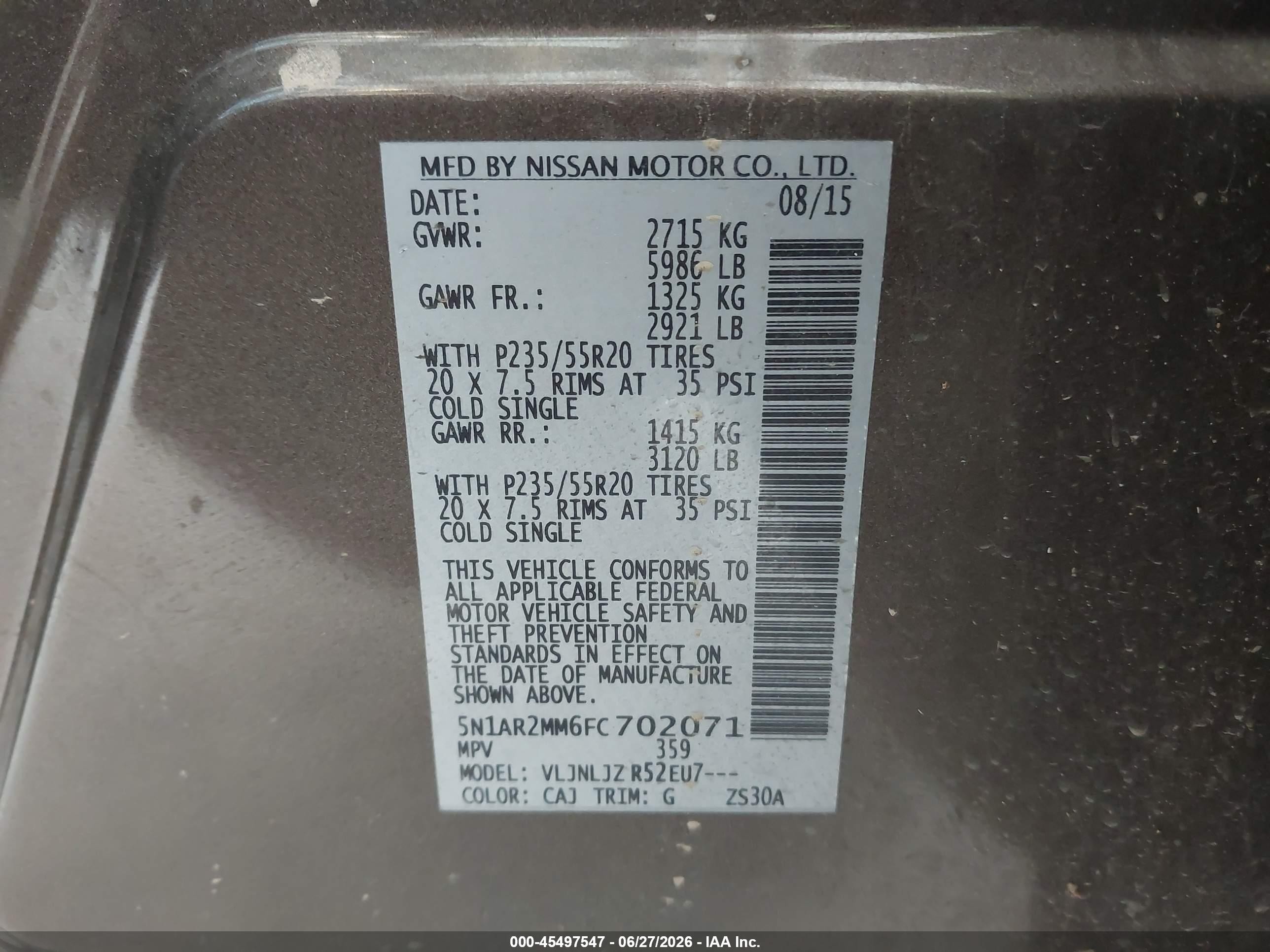 2015 Nissan Pathfinder Platinum Brown vin: 5N1AR2MM6FC702071