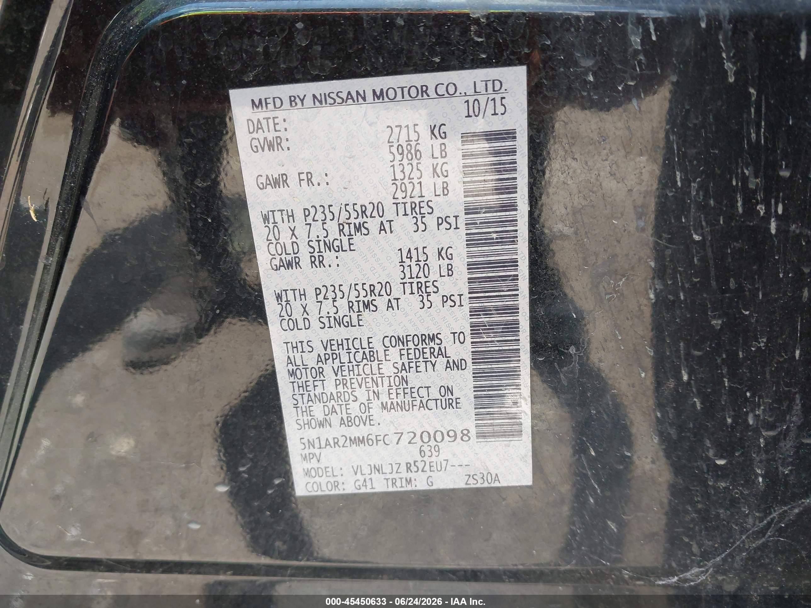 2015 Nissan Pathfinder Platinum Black vin: 5N1AR2MM6FC720098