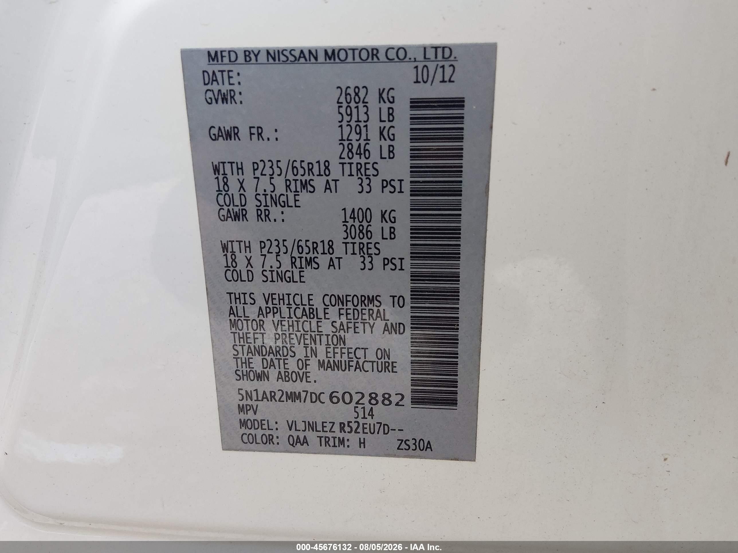 2013 Nissan Pathfinder Sv White vin: 5N1AR2MM7DC602882