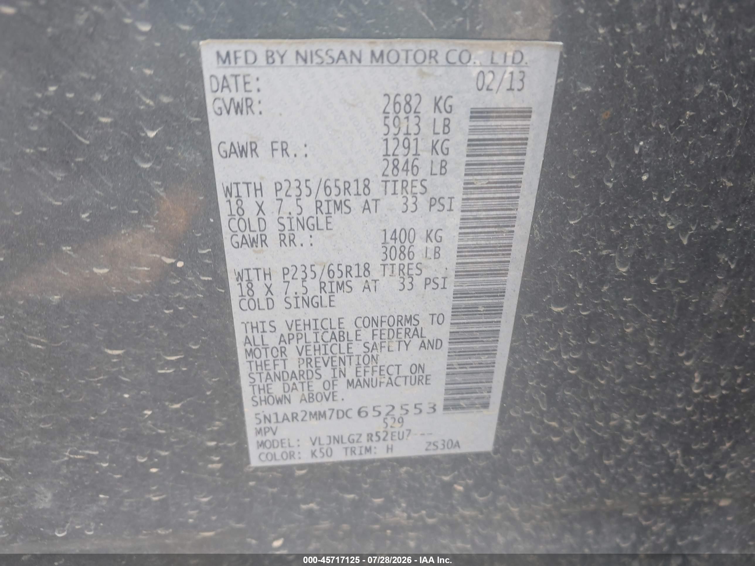 2013 Nissan Pathfinder Sl Gray vin: 5N1AR2MM7DC652553