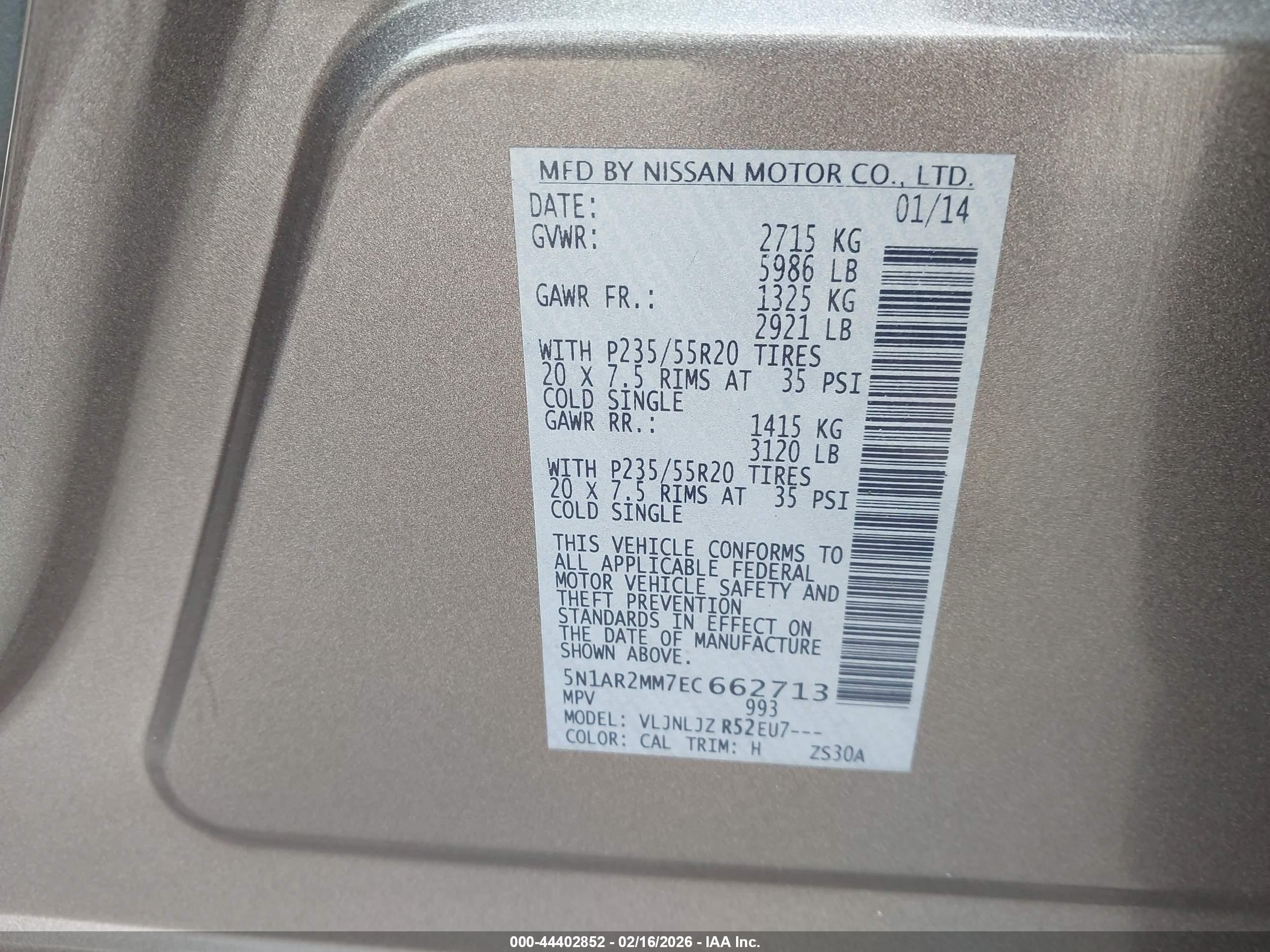 2014 Nissan Pathfinder Platinum Champagne vin: 5N1AR2MM7EC662713