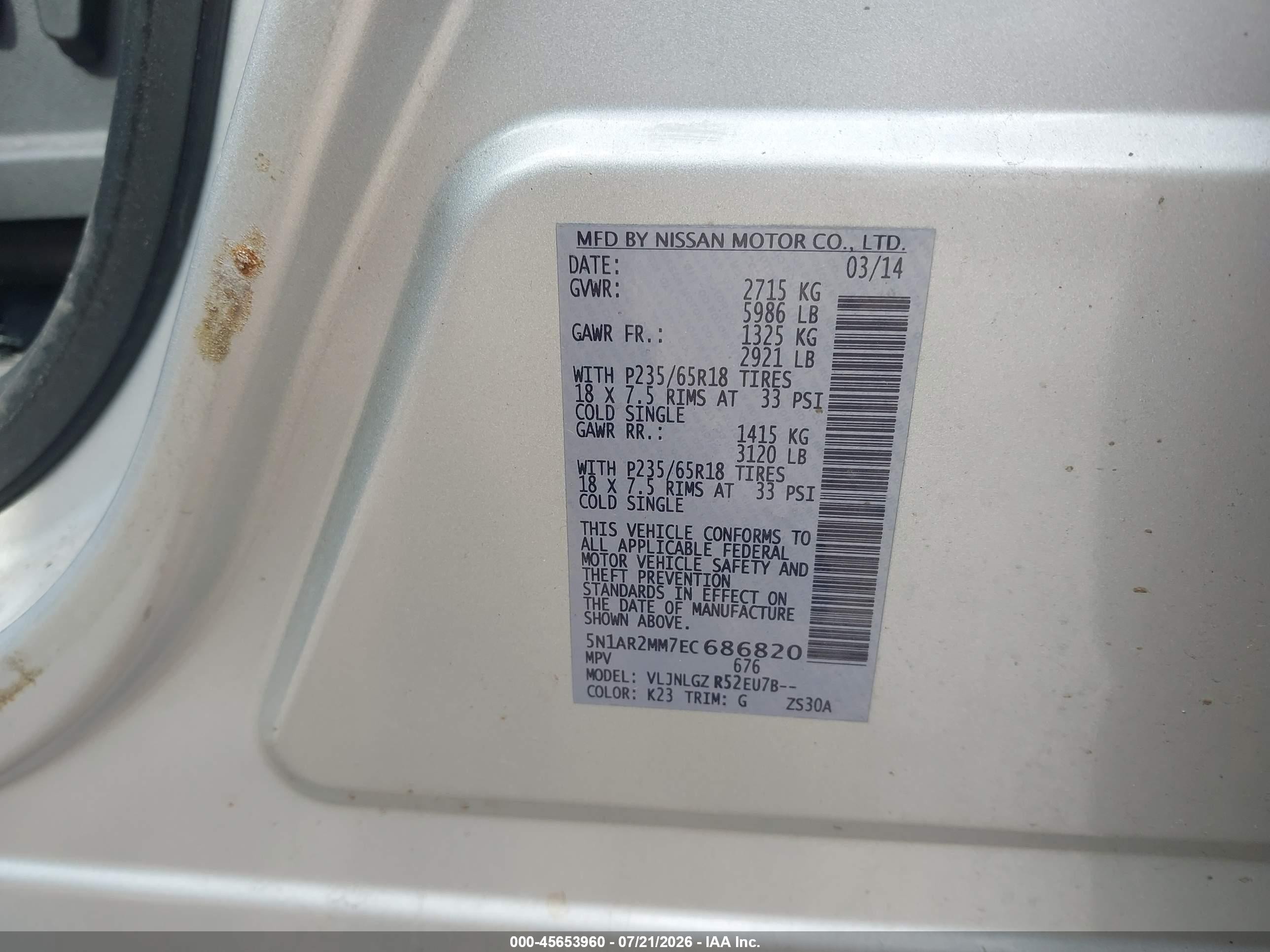 2014 Nissan Pathfinder Sl Silver vin: 5N1AR2MM7EC686820