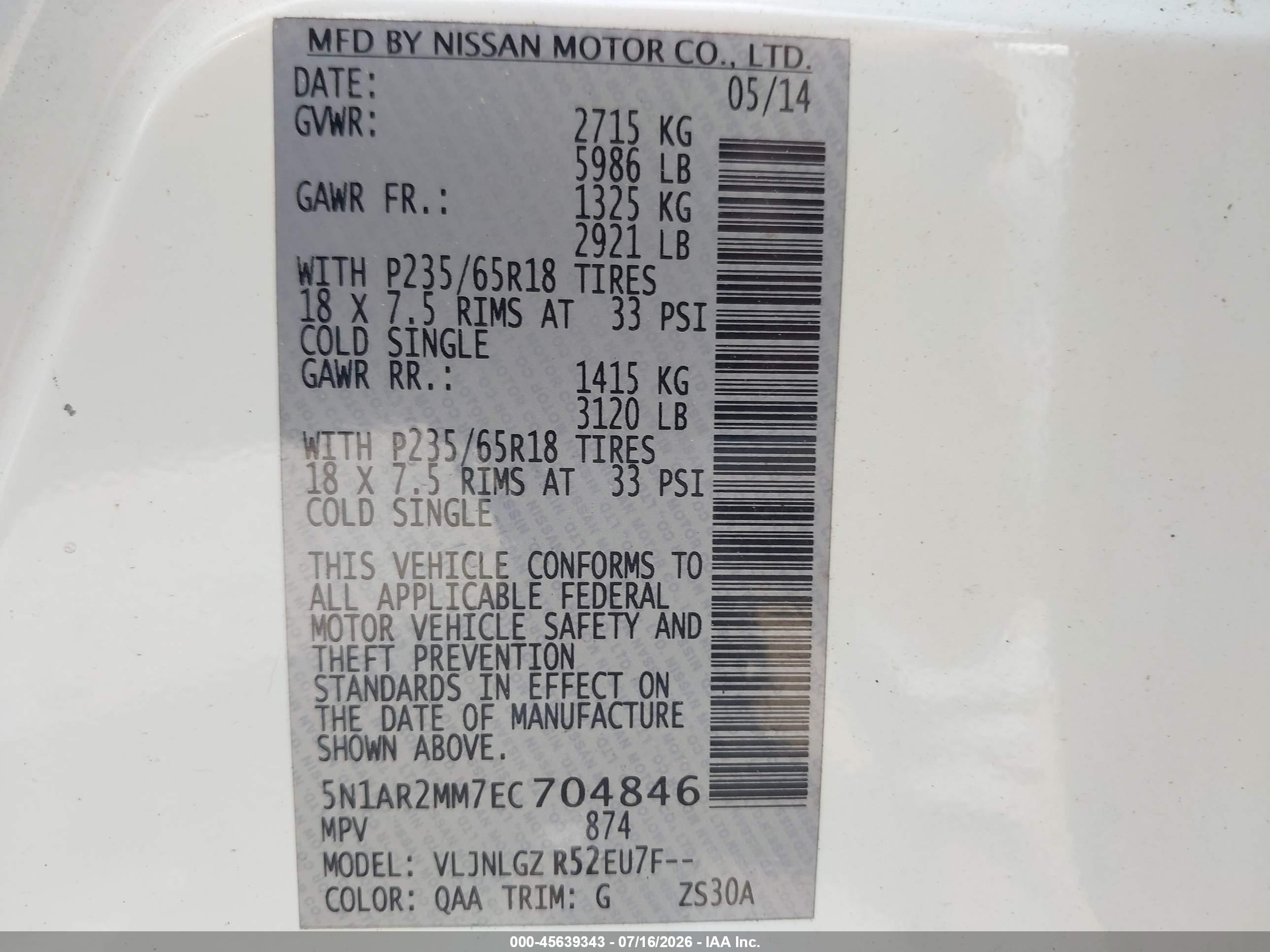 2014 Nissan Pathfinder Sl White vin: 5N1AR2MM7EC704846