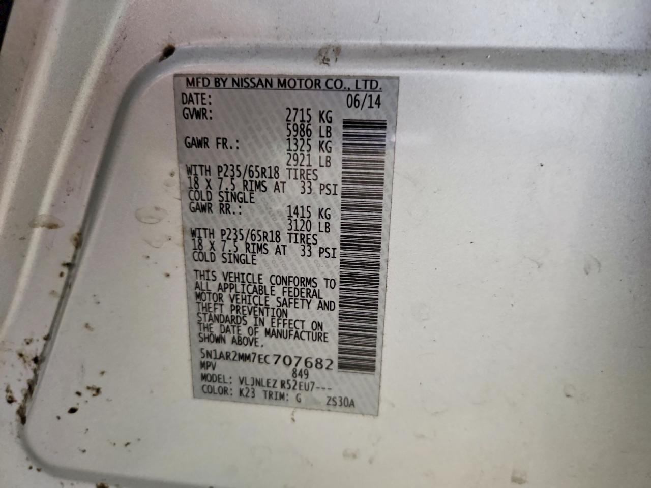 2014 Nissan Pathfinder Sv Silver vin: 5N1AR2MM7EC707682