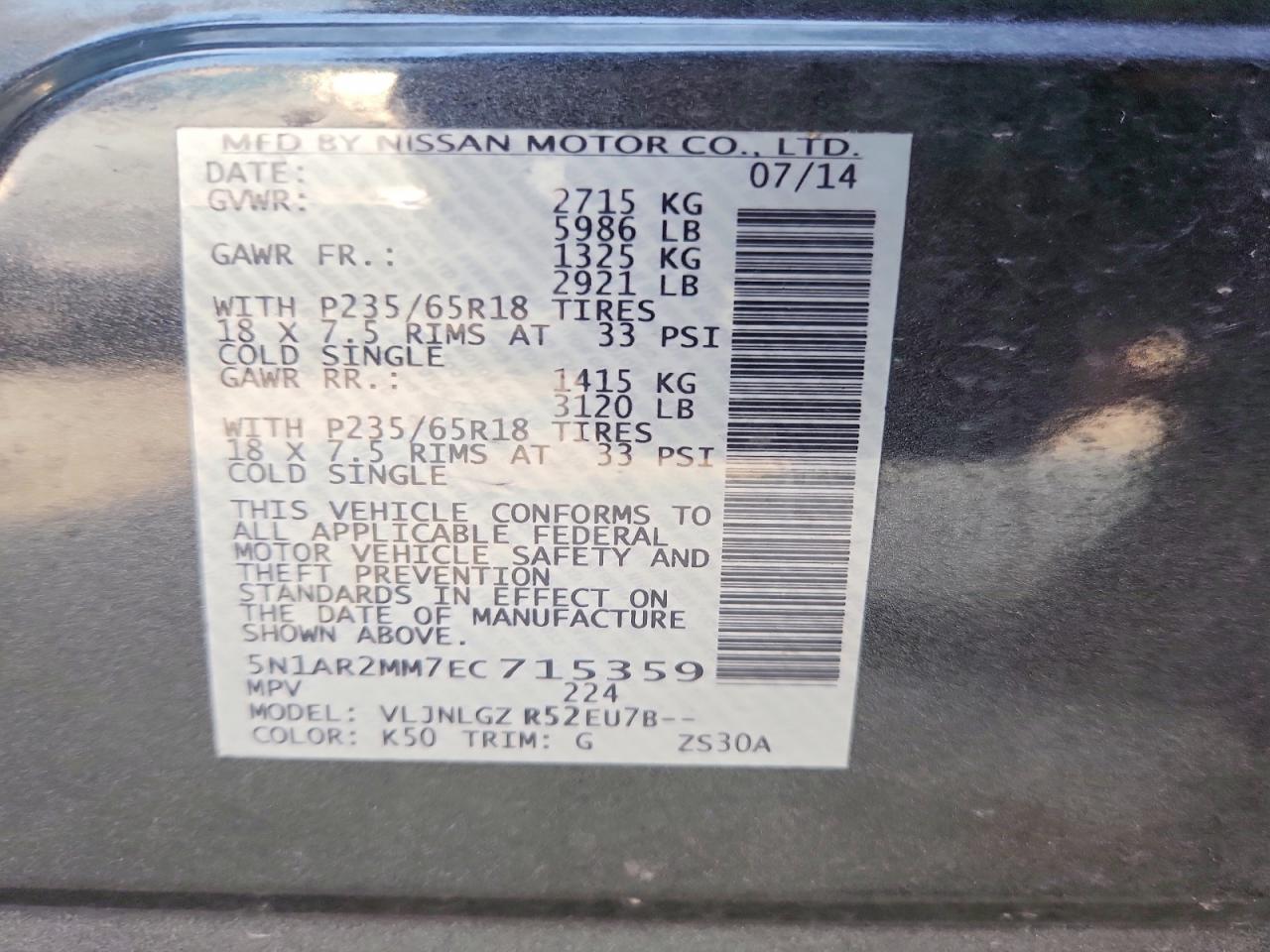 2014 Nissan Pathfinder Sl Gray vin: 5N1AR2MM7EC715359