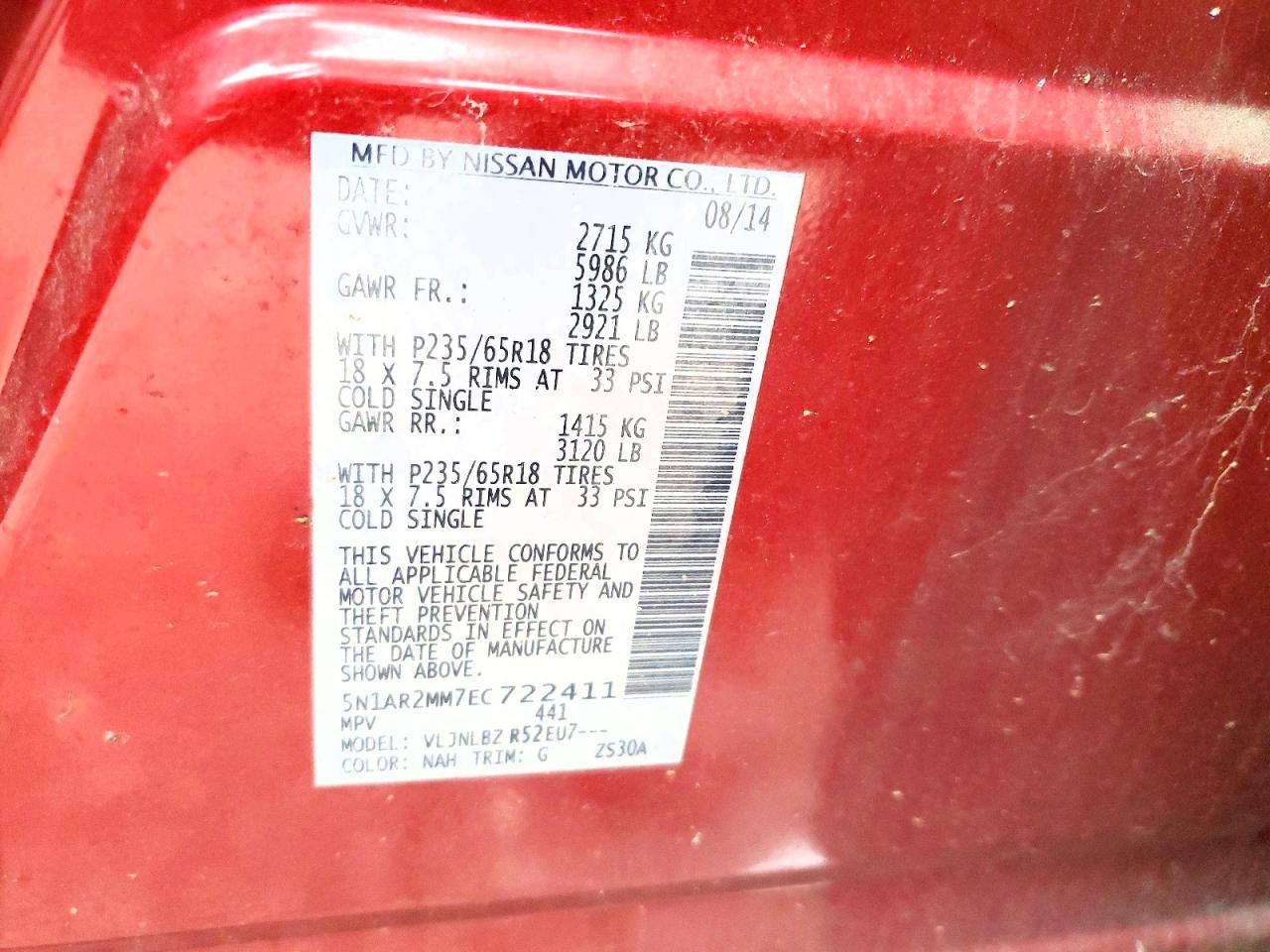 2014 Nissan Pathfinder S Red vin: 5N1AR2MM7EC722411