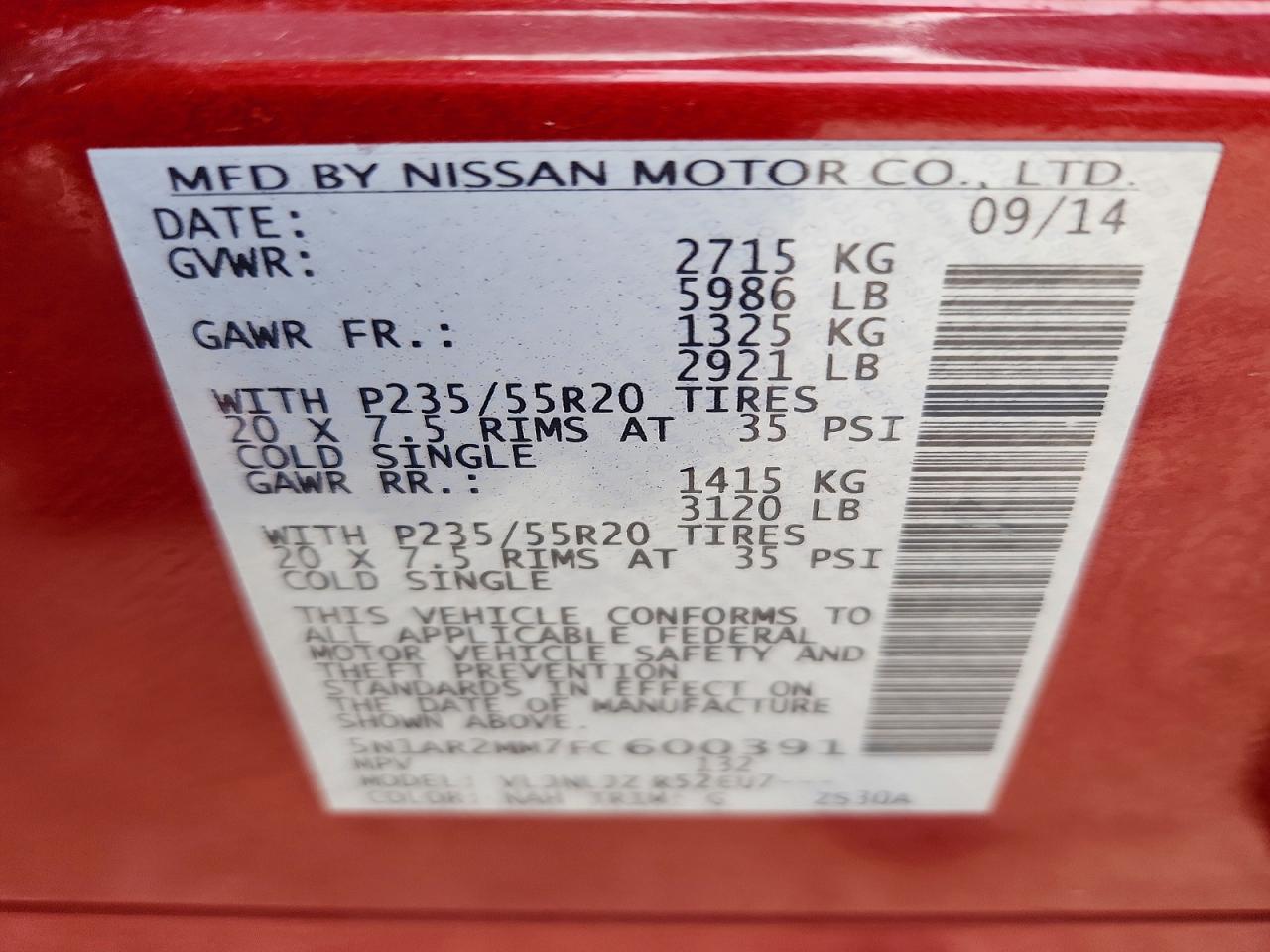 2015 Nissan Pathfinder Platinum Red vin: 5N1AR2MM7FC600391
