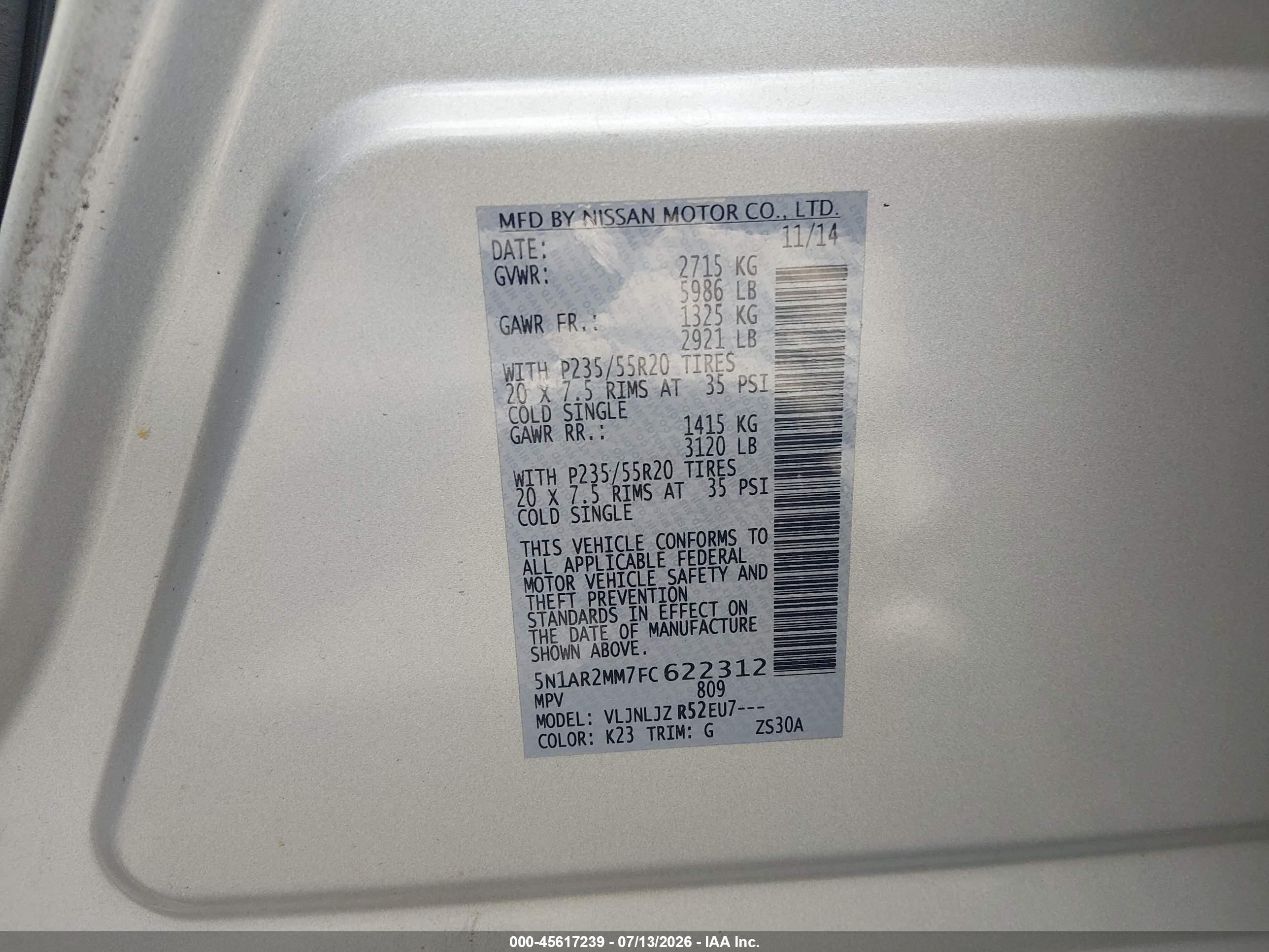 2015 Nissan Pathfinder Platinum Silver vin: 5N1AR2MM7FC622312