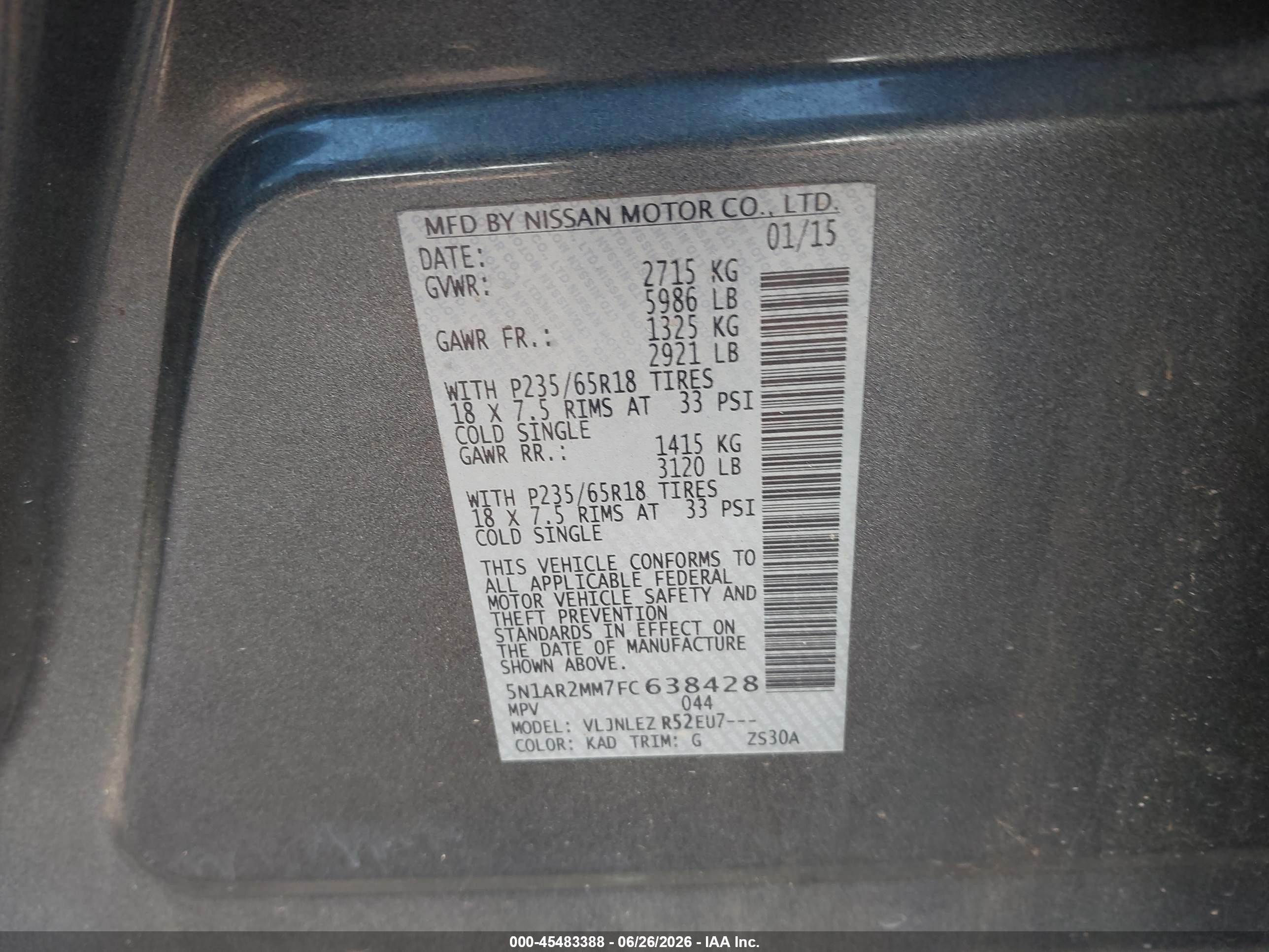 2015 Nissan Pathfinder Sv Gray vin: 5N1AR2MM7FC638428