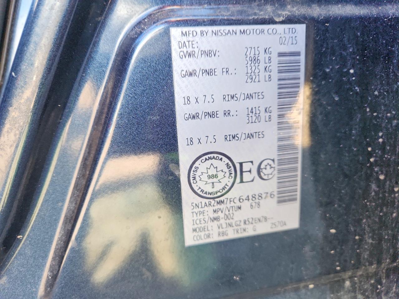2015 Nissan Pathfinder S Blue vin: 5N1AR2MM7FC648876