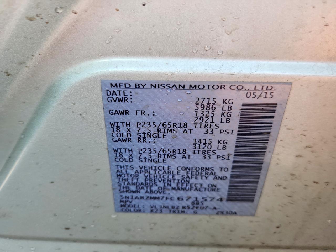 2015 Nissan Pathfinder S Silver vin: 5N1AR2MM7FC671574