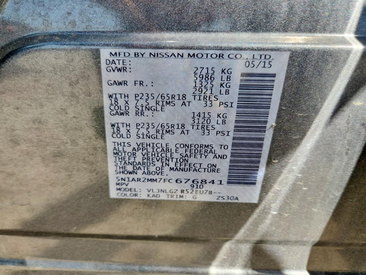 2015 Nissan Pathfinder Sl Charcoal vin: 5N1AR2MM7FC676841