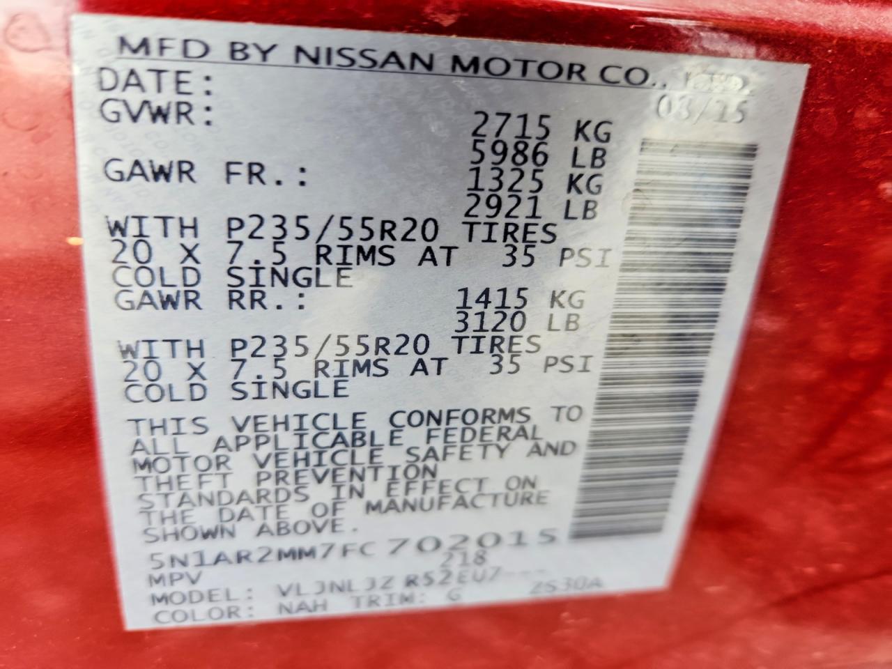 2015 Nissan Pathfinder S Red vin: 5N1AR2MM7FC702015