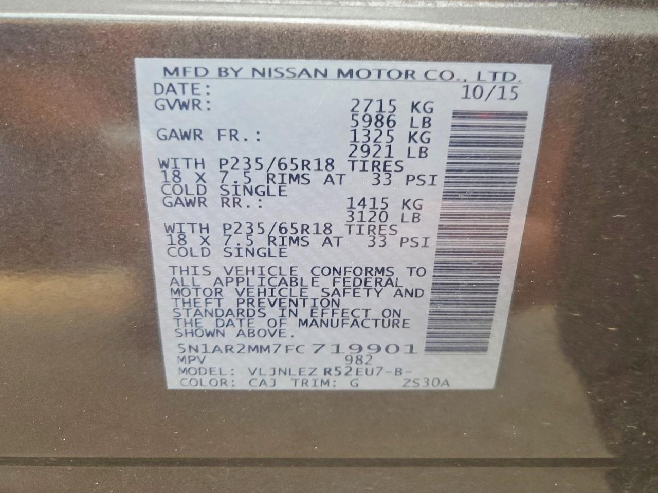 2015 Nissan Pathfinder Sv Brown vin: 5N1AR2MM7FC719901