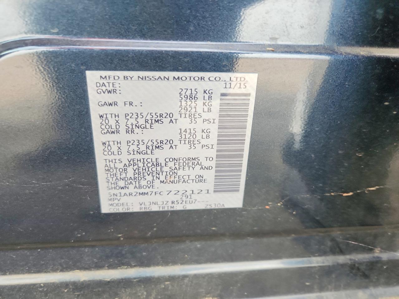 2015 Nissan Pathfinder Blue vin: 5N1AR2MM7FC722121