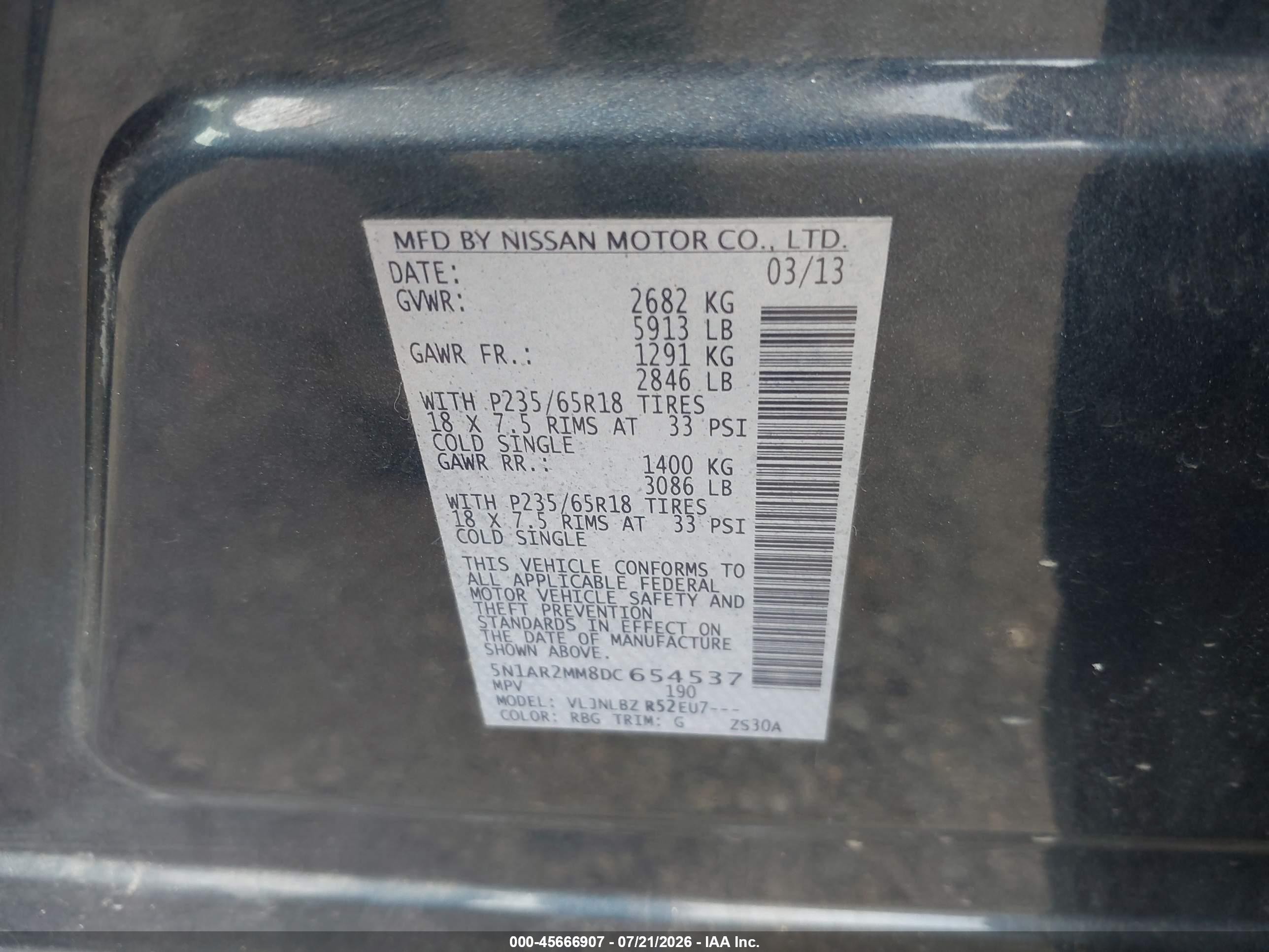 2013 Nissan Pathfinder S Blue vin: 5N1AR2MM8DC654537