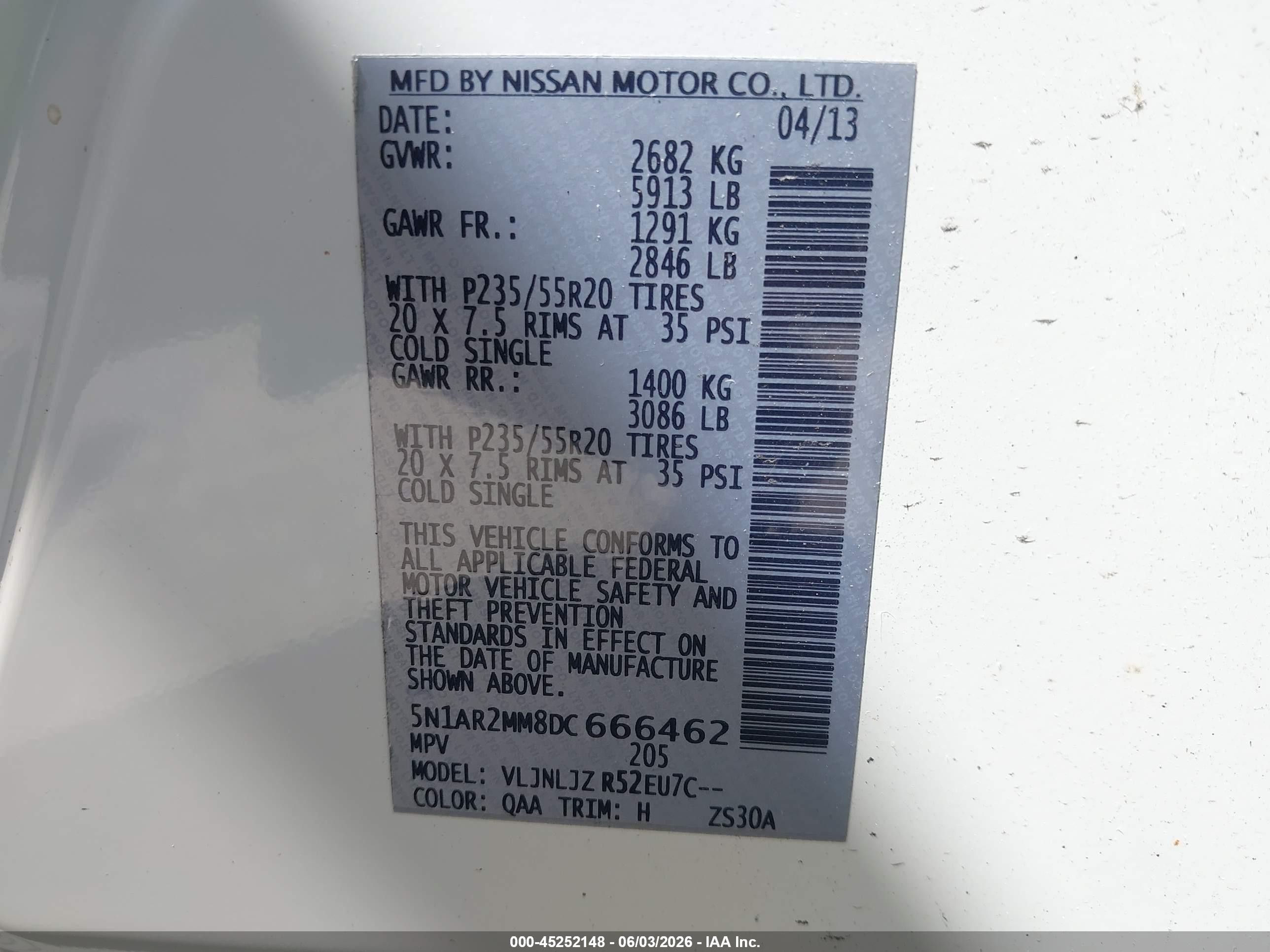 2013 Nissan Pathfinder Platinum White vin: 5N1AR2MM8DC666462