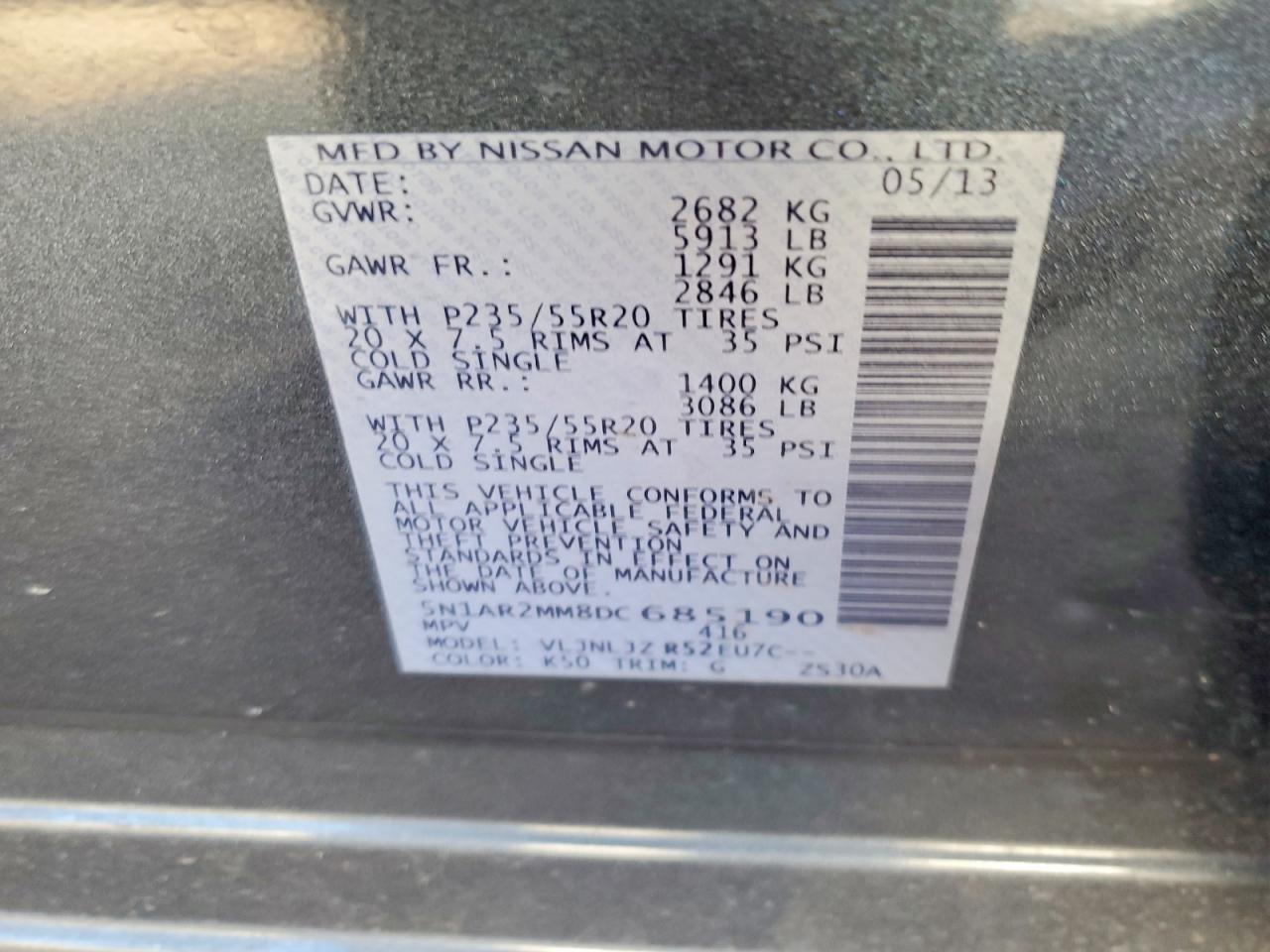 2013 Niss Pathfinder S Charcoal vin: 5N1AR2MM8DC685190
