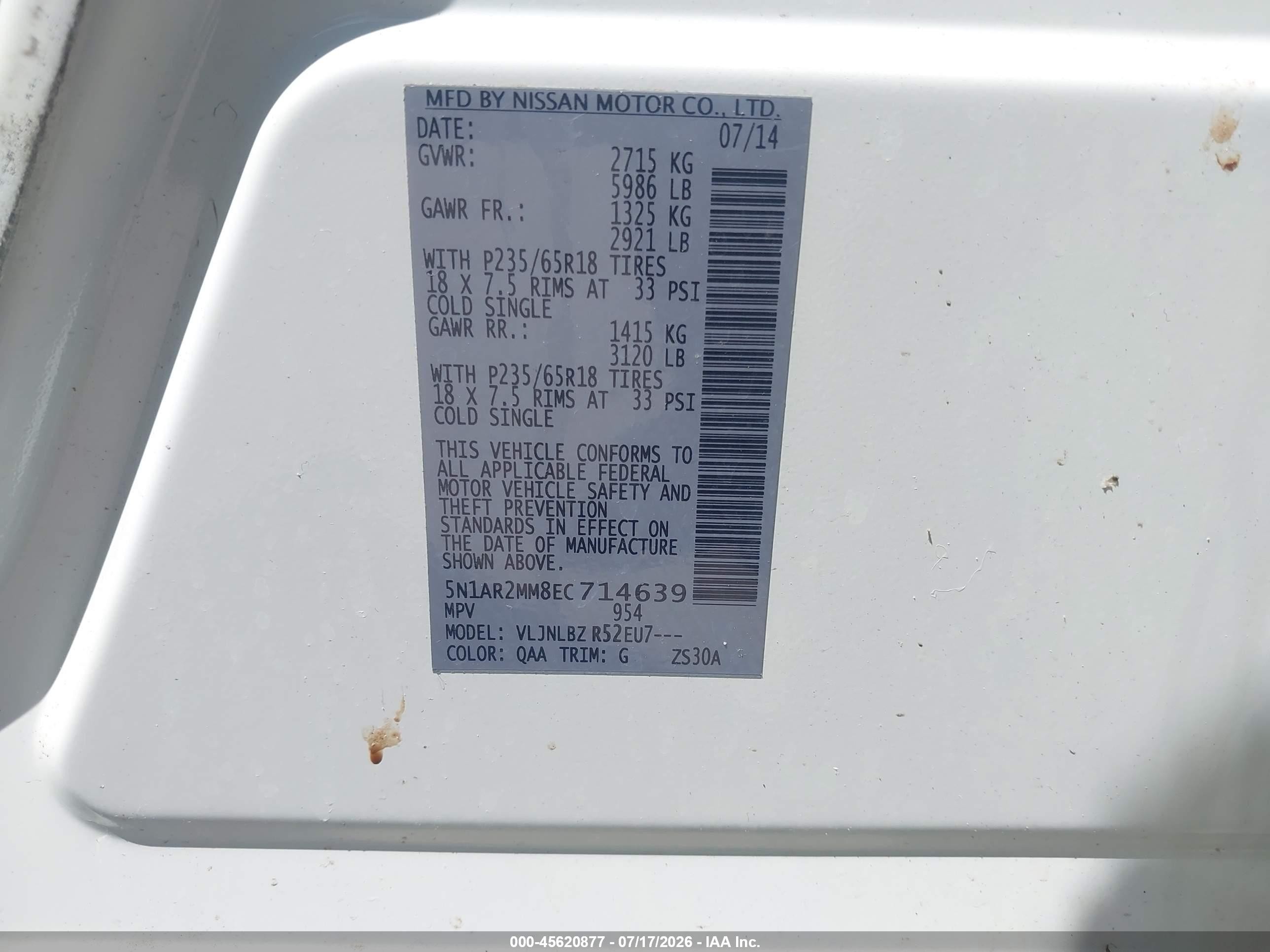 2014 Nissan Pathfinder S White vin: 5N1AR2MM8EC714639