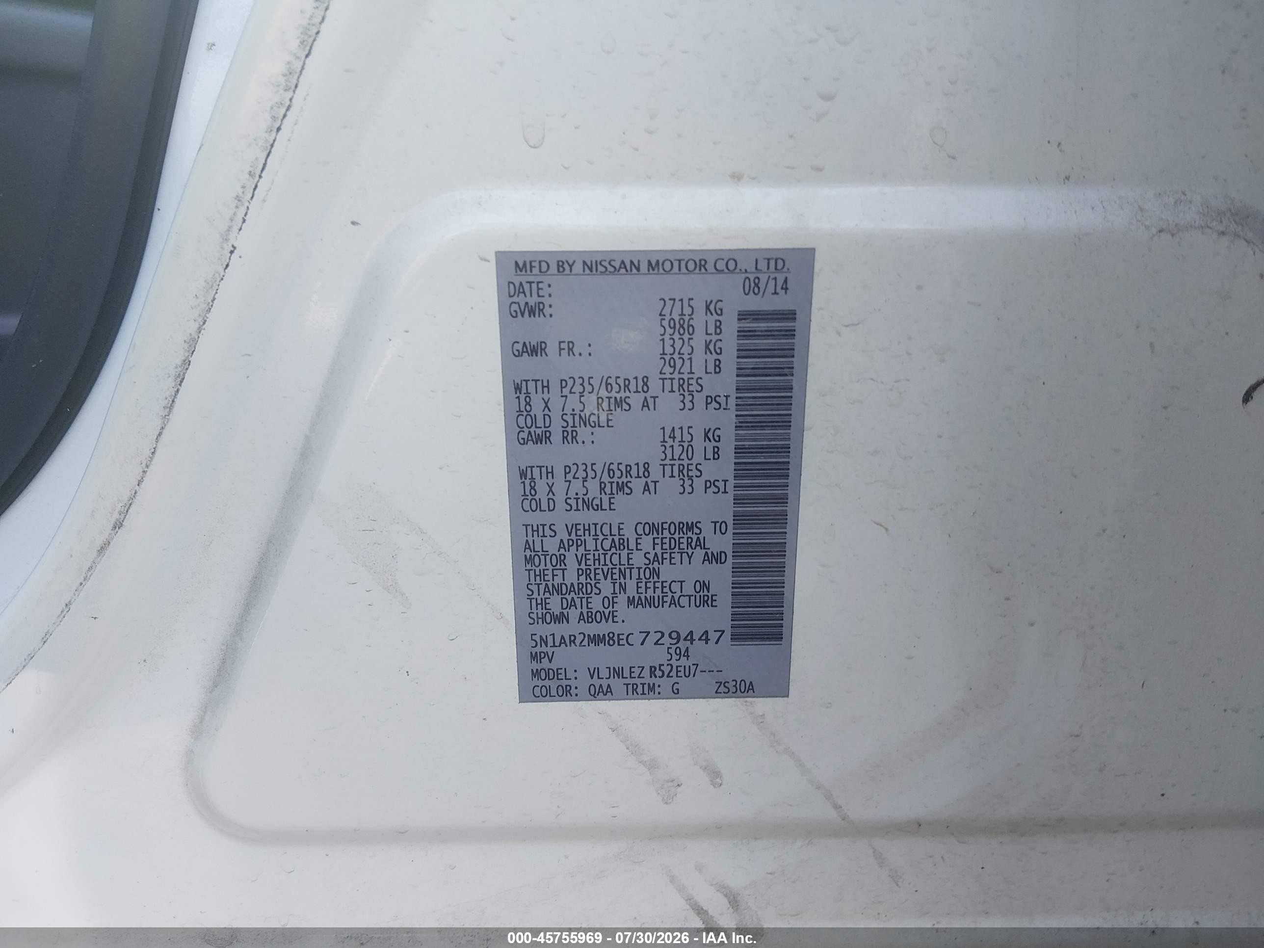 2014 Nissan Pathfinder Sv White vin: 5N1AR2MM8EC729447