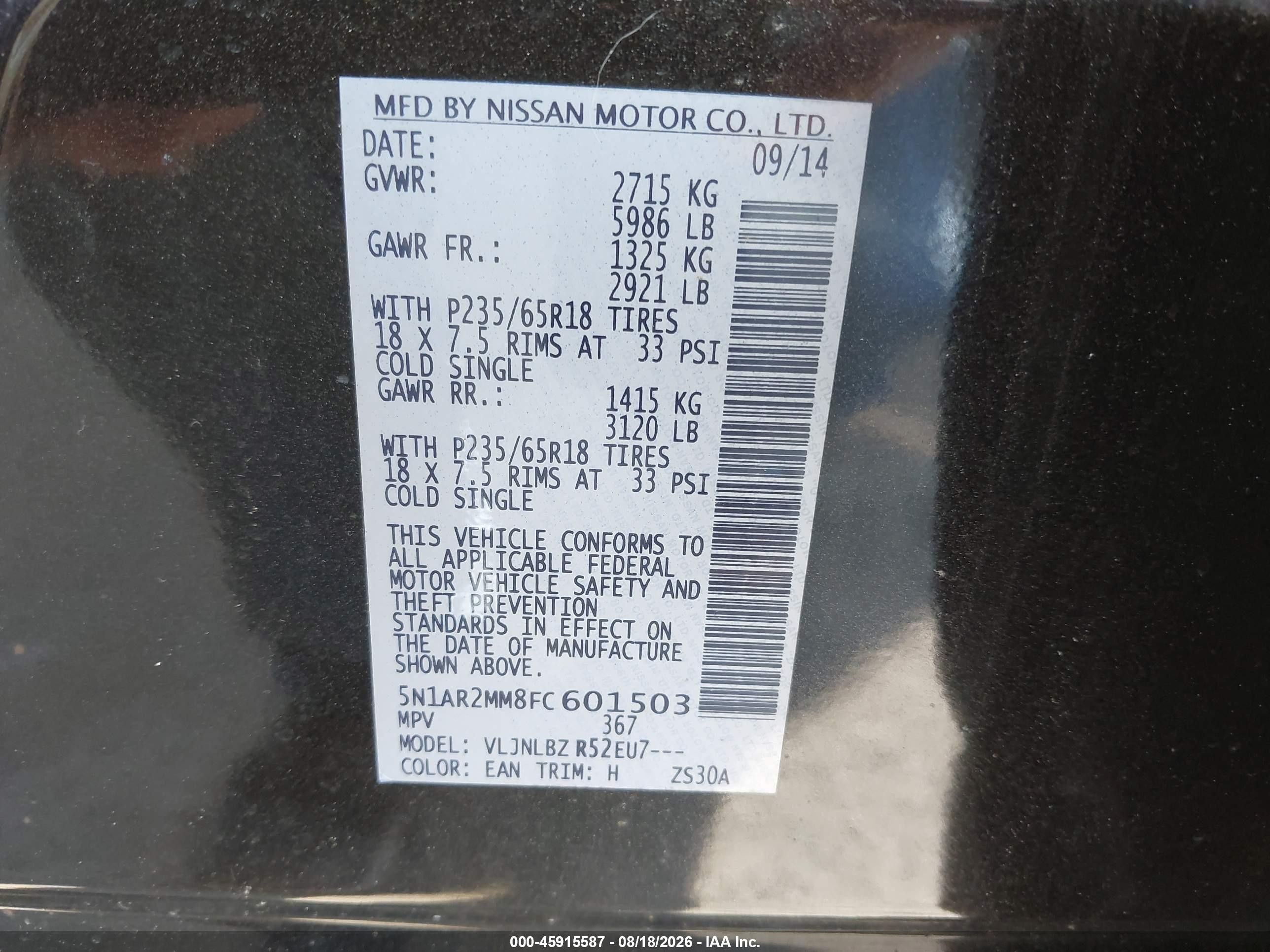 2015 Nissan Pathfinder S Black vin: 5N1AR2MM8FC601503