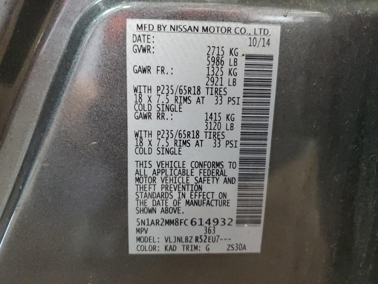 2015 Nissan Pathfinder S Gray vin: 5N1AR2MM8FC614932