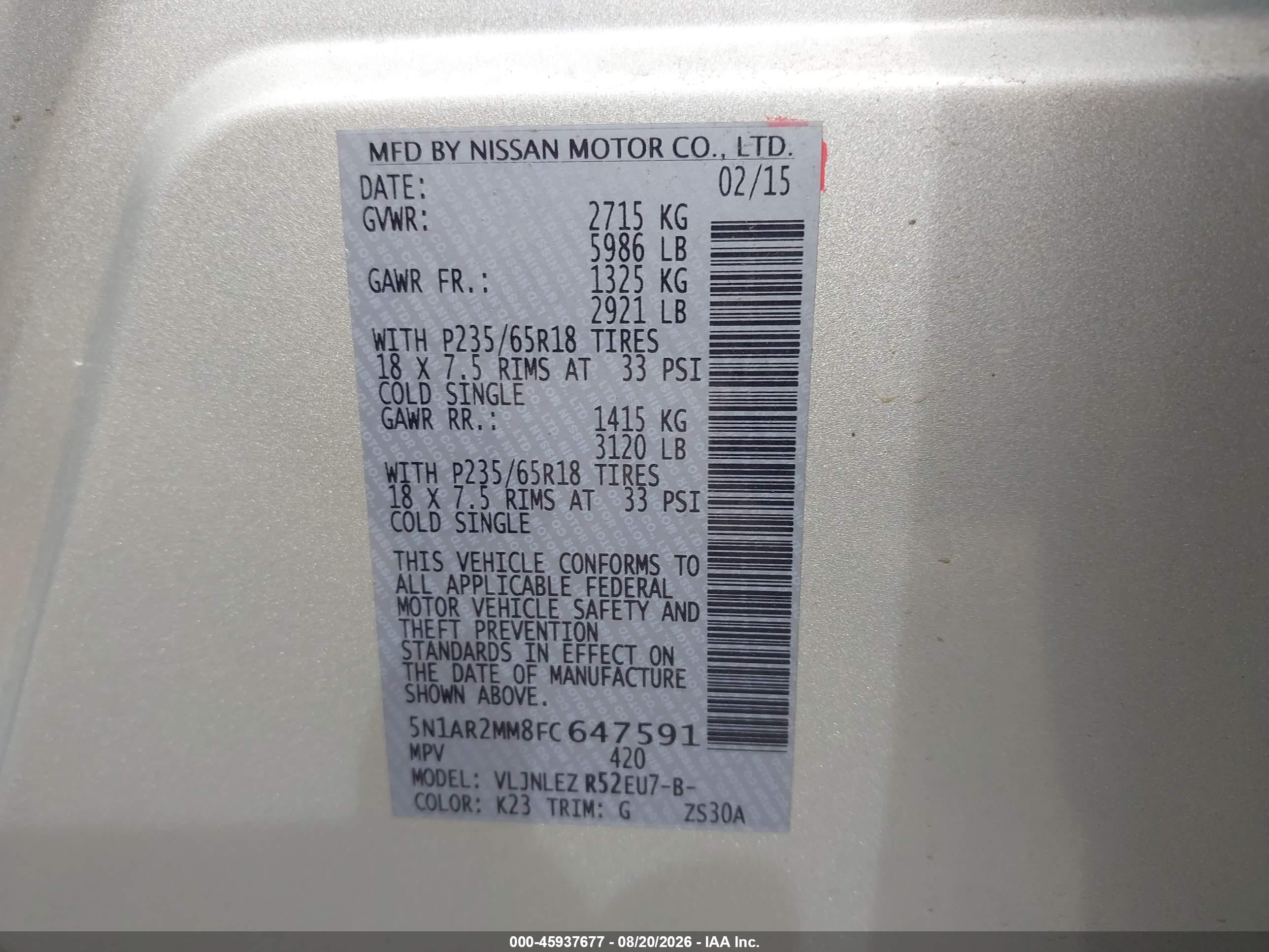 2015 Nissan Pathfinder Platinum/s/sl/sv Silver vin: 5N1AR2MM8FC647591